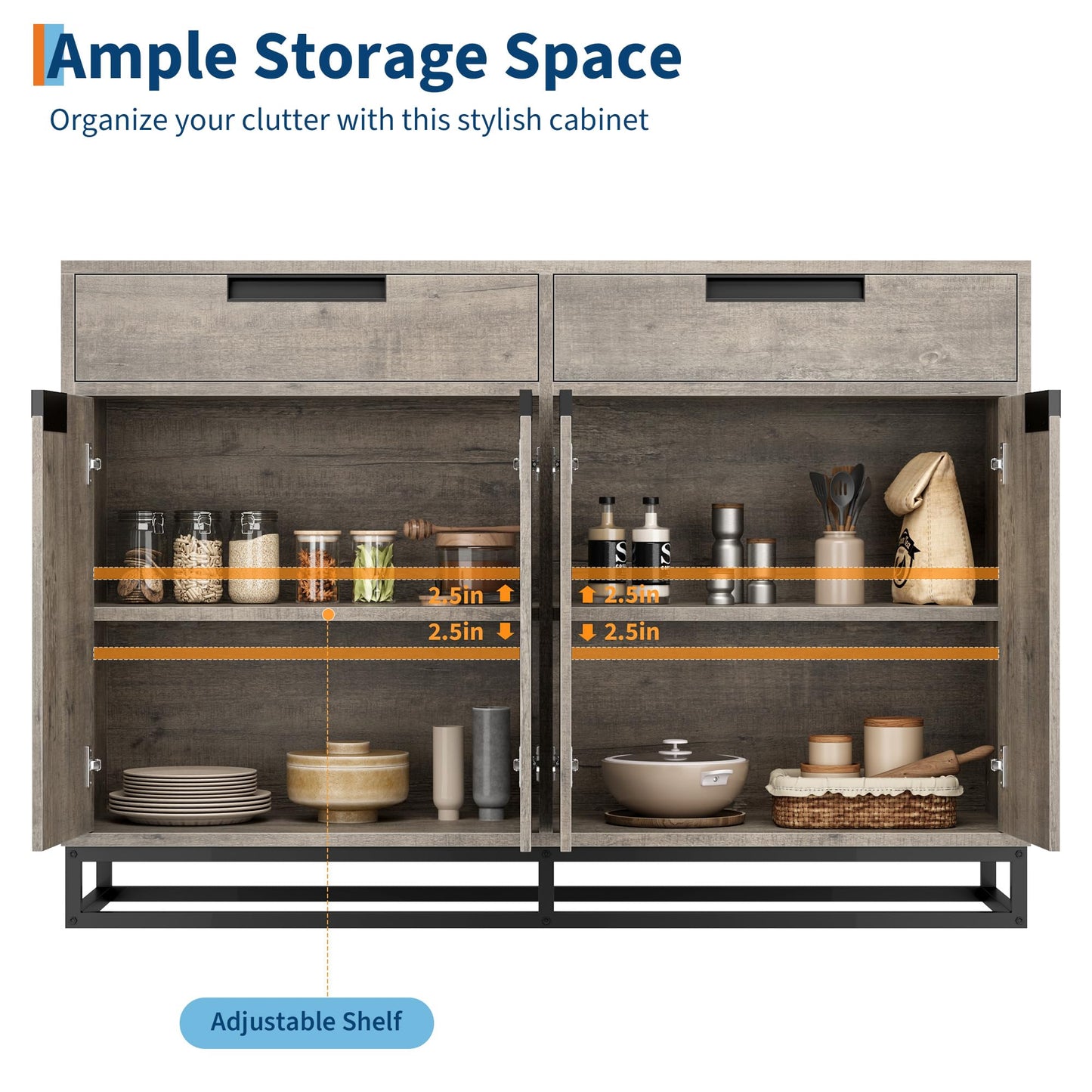 GAOMON Sideboard Buffet Cabinet, 55" Large Modern Kitchen Storage Cabinet with 2 Drawers and 4 Doors, Coffee Bar Buffet Table for Kitchen and Dining Room, Gray