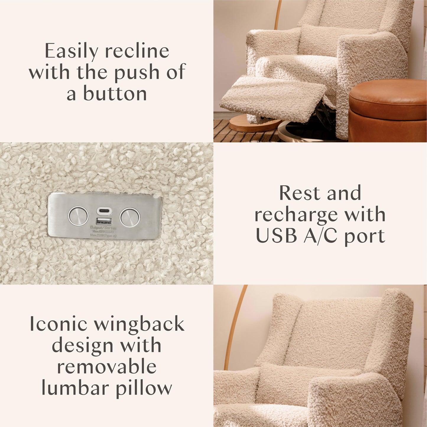 Babyletto Kiwi Glider Recliner Nursery Chair w/USB Ports - GREENGUARD Gold Certified - Water & Stain Resistant Glider Rocking Chair - Electronic, 270° Swivel, Almond Teddy Loop w/Light Wood Base
