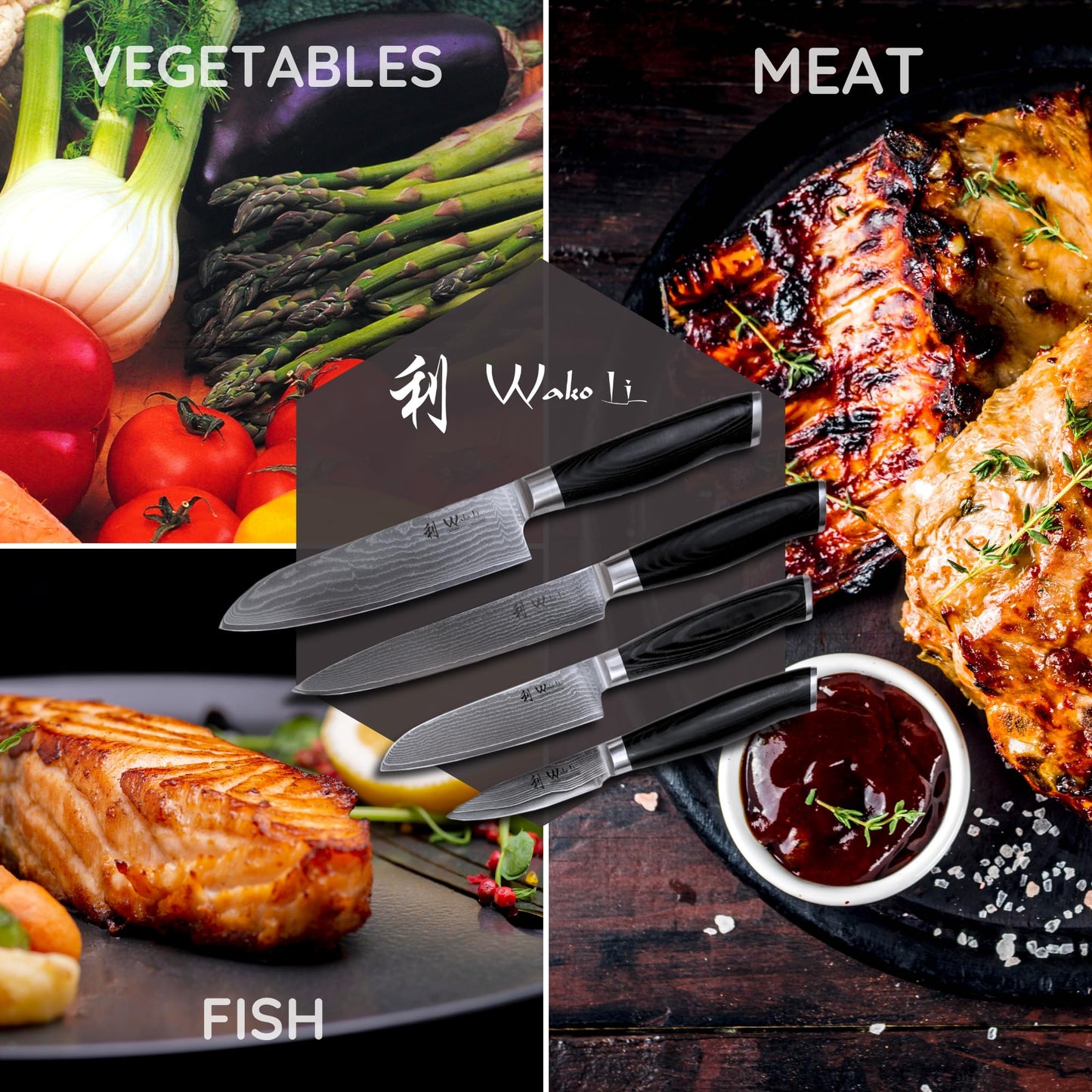 Wakoli Mikata 4-Piece Damascus Knife Set – Professional Kitchen Knife Set with VG10 Core, 67-Layer Damascus Steel and Ergonomic Micarta Handles – Premium Kitchen Knives in Gift Box