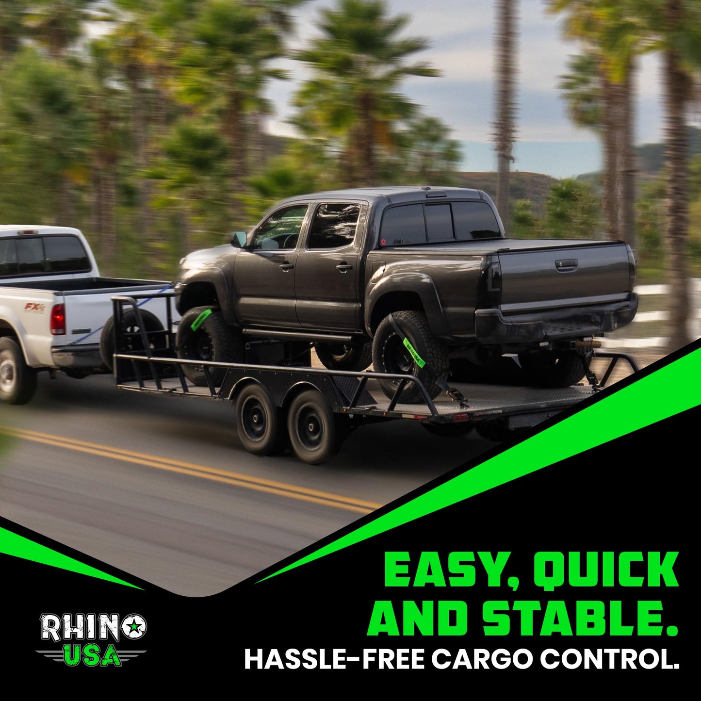 Rhino USA Car Tie Down Straps with Snap Hooks – 4 Pack 2" x8' – 10,000lbs Break Strength – Heavy Duty T-Handle Car Hauler Tire Lasso Wheel Straps for Trailers, UTV & Powersports – Black