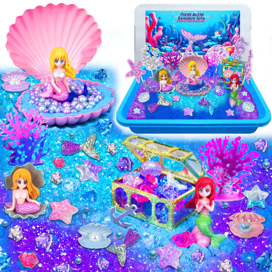 Mermaid Sensory Bin, Play Sand Art Kit with Sandbox & Accessories & Tools & Colorful Sea Shell Conch Starfish Gems Toys Set, Indoor Outdoor Pretend Play Beach Toy Birthday for Girls Boys 3 4 5 6 7 8