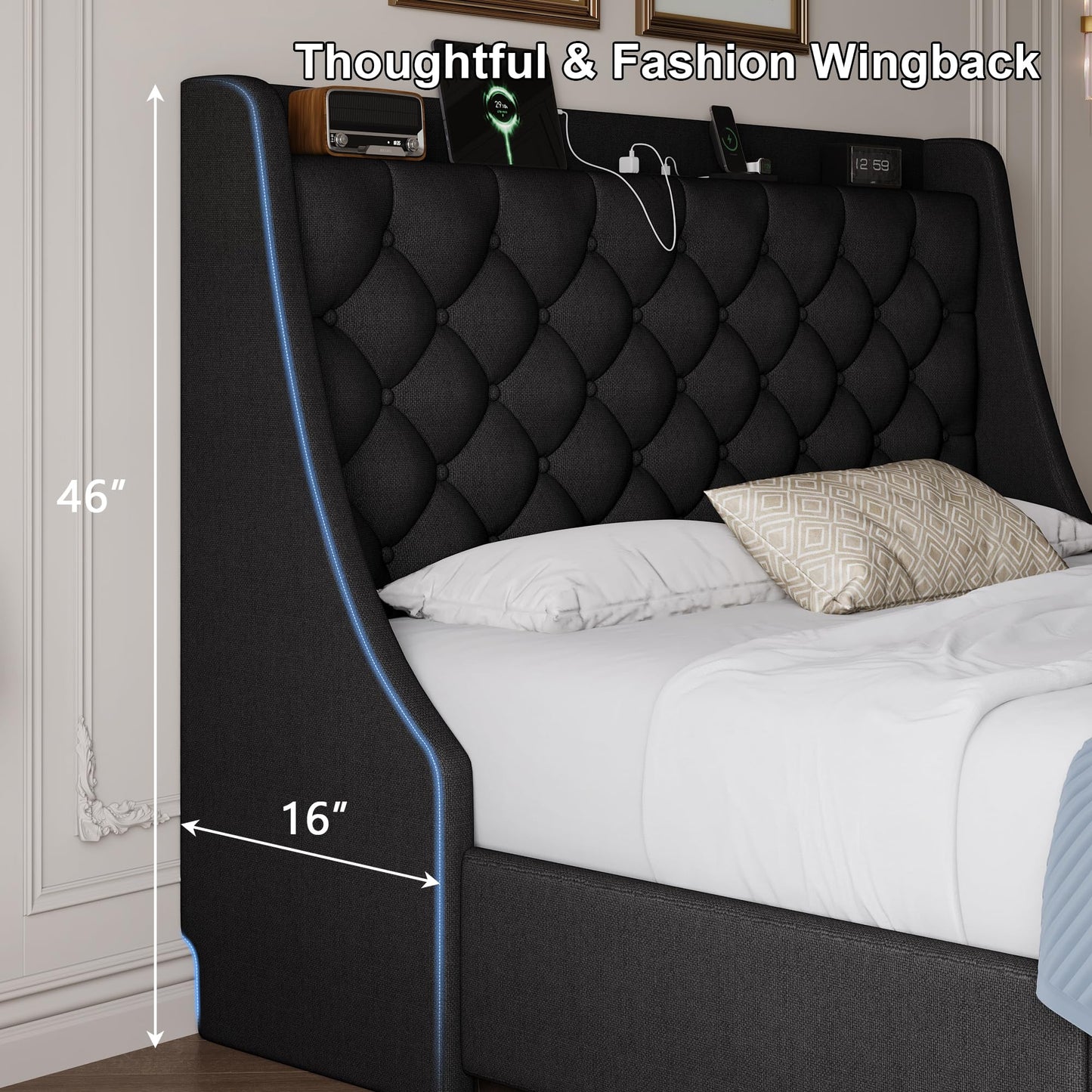 AMBERHAUS Queen Size Upholstered Platform Bed Frame with 4 Storage Drawers and Charging Station, Linen Button Tufted Wingback Headboard, Sturdy Wooden Support Slats, No Box Spring Needed, Black