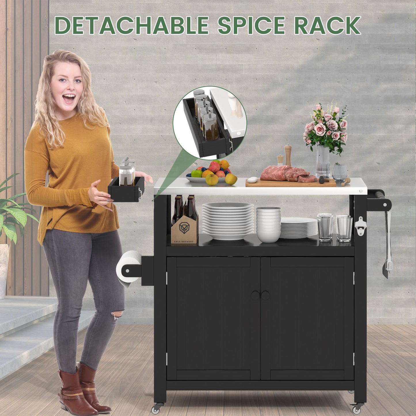 Sunnibety Weatherproof HIPS Outdoor Kitchen Island with Stainless Steel Top & Storage Cabinet, Movable Prep Table with Wheels for BBQ Food Prep, Outdoor Grill Cart for Parties, Black