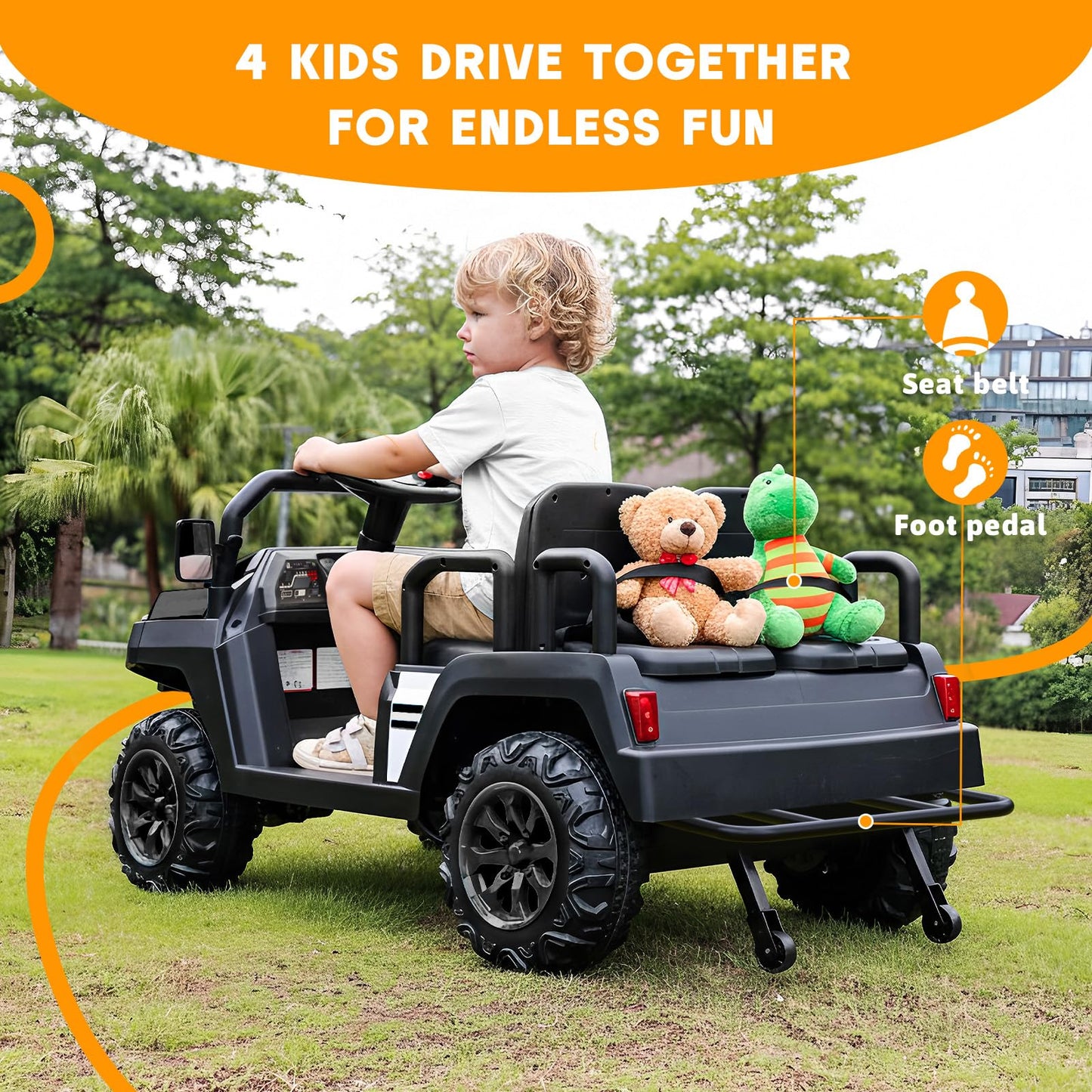Electric Car for Kids, 24V 4 Seater Ride on Toys w/Parent Remote, 4 Wheeler Suspension, Max 220lbs Weight Capacity, USB, Music, Radio, LED Light, Ride on Truck for Boy/Girl Ages 3-8,Black
