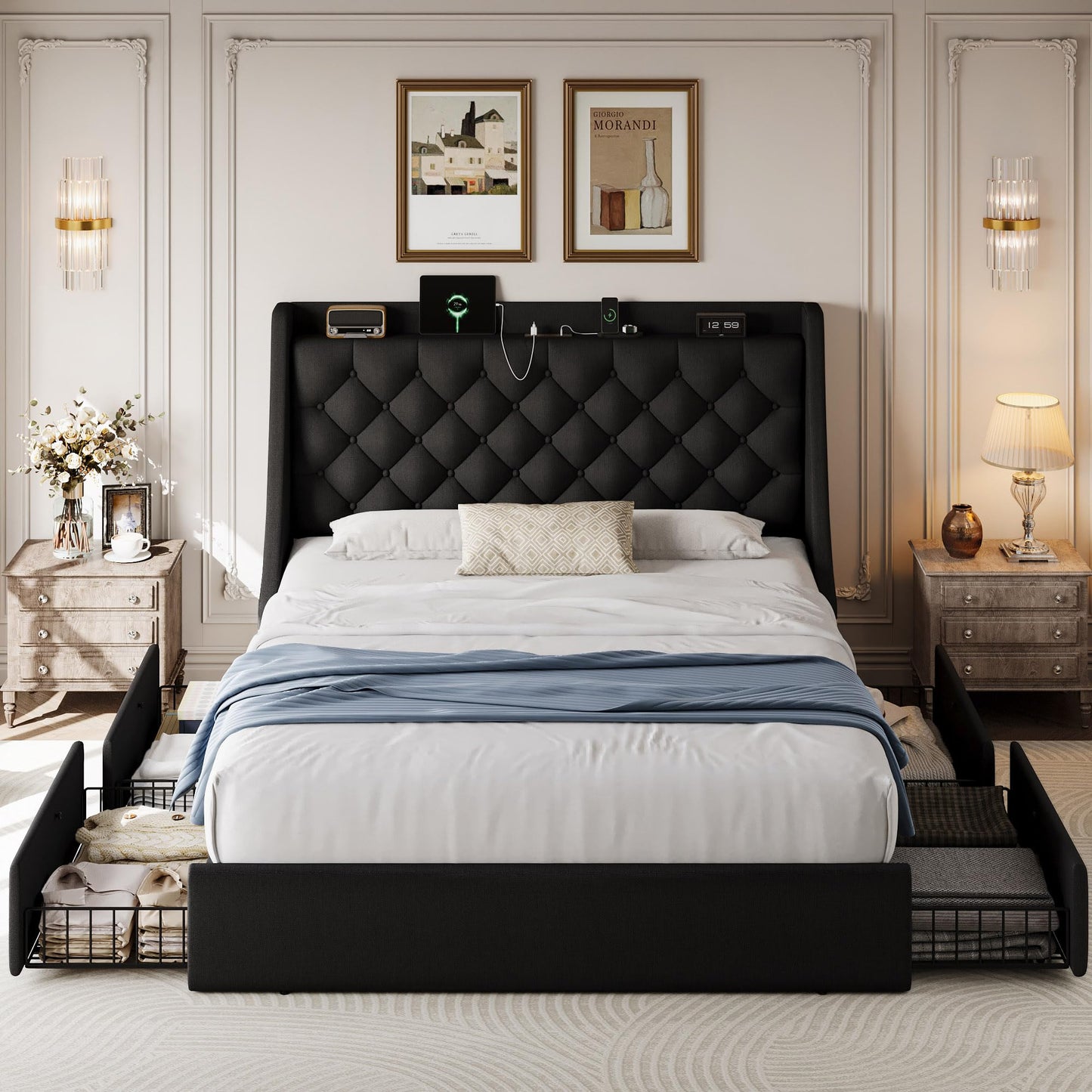 AMBERHAUS Queen Size Upholstered Platform Bed Frame with 4 Storage Drawers and Charging Station, Linen Button Tufted Wingback Headboard, Sturdy Wooden Support Slats, No Box Spring Needed, Black