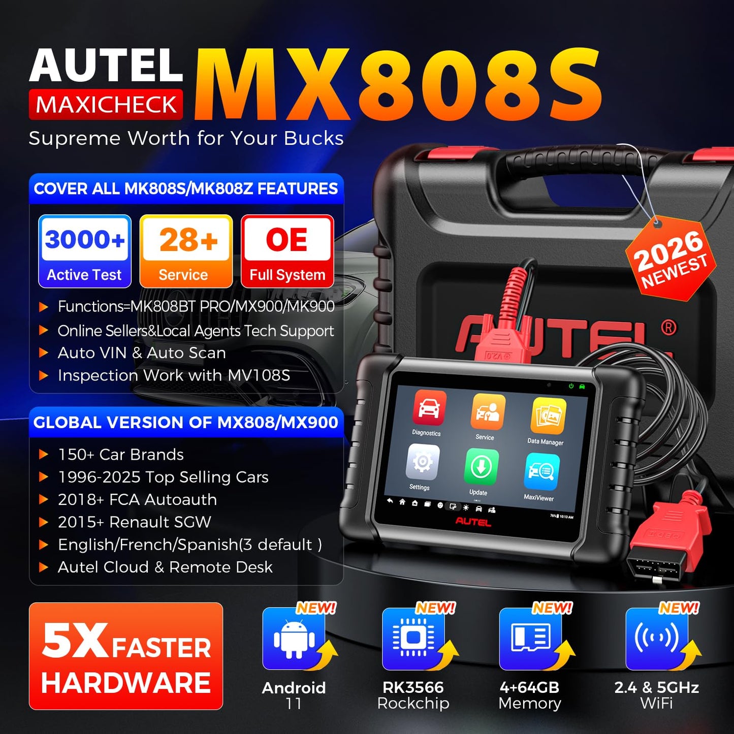 Autel Scanner MaxiCheck MX808S, 2026 US Ver of MaxiCOM MK808S MK808Z, Full Bidirectional Diagnostic Scan Tool as MK900 MX900 MK900BT MK808BT PRO, 3K+ Active Test, 28+ Service, OE All System, OS11, FCA