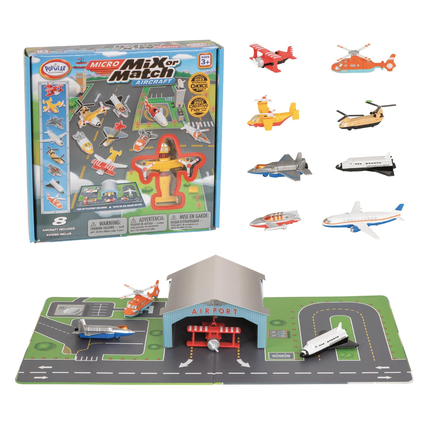 Popular Playthings Magnetic Vehicles for Toddlers 1-3, Mini Mix or Match Car Toys, Set of 8 Gift for Kids - Aircraft Airplane with Playmat