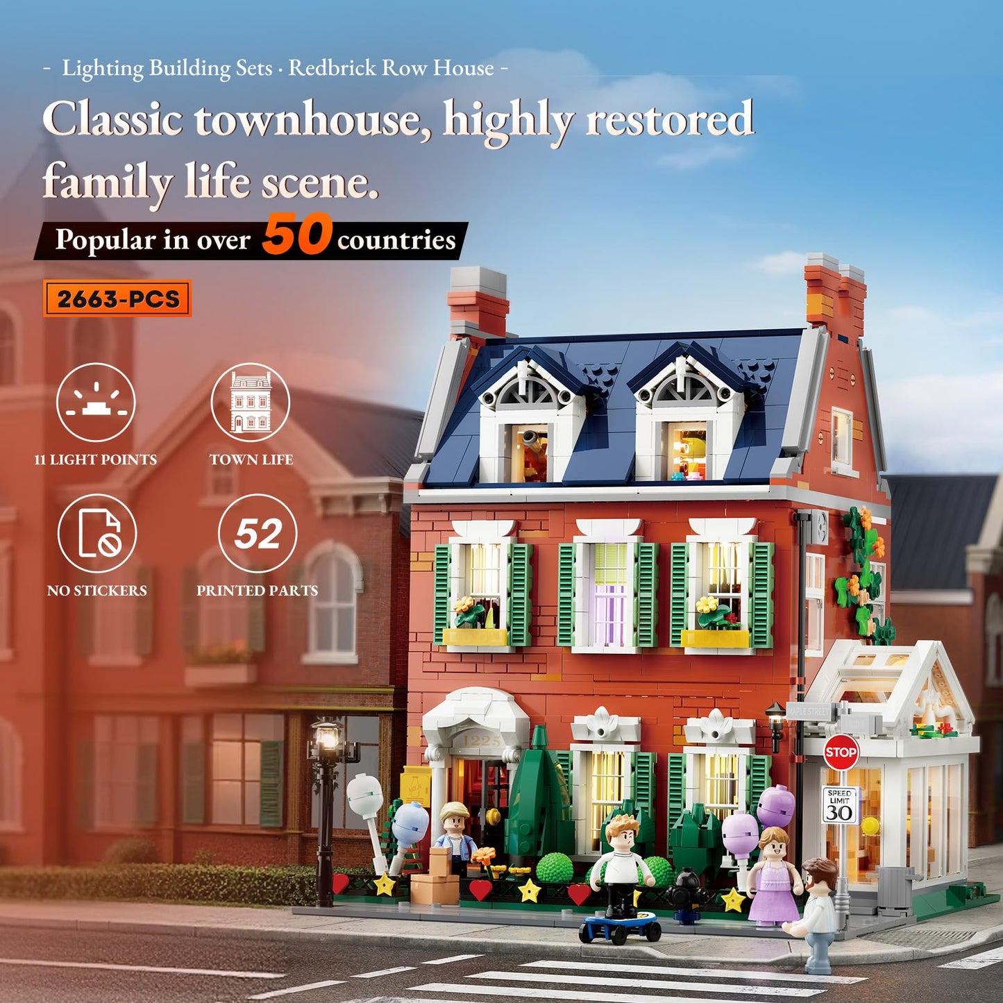 LUMIBRICKS Redbrick Row House Lighting Building Bricks Set - City Town LED Light Modular Construction Model Collection Display Kit with Minifigures 2663 Pcs for Adults & Teens