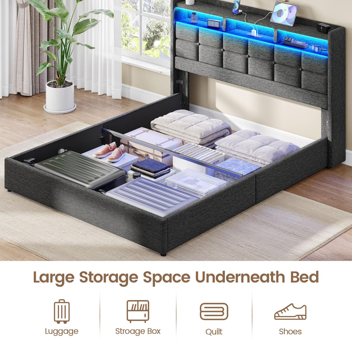 Driftalia Lift Up Queen Bed Frame with Storage, Upholstered Bed Frame Queen Size with LED Lights Headboard and Charging Station, No Box Spring Needed, Easy Assembly - Dark Grey