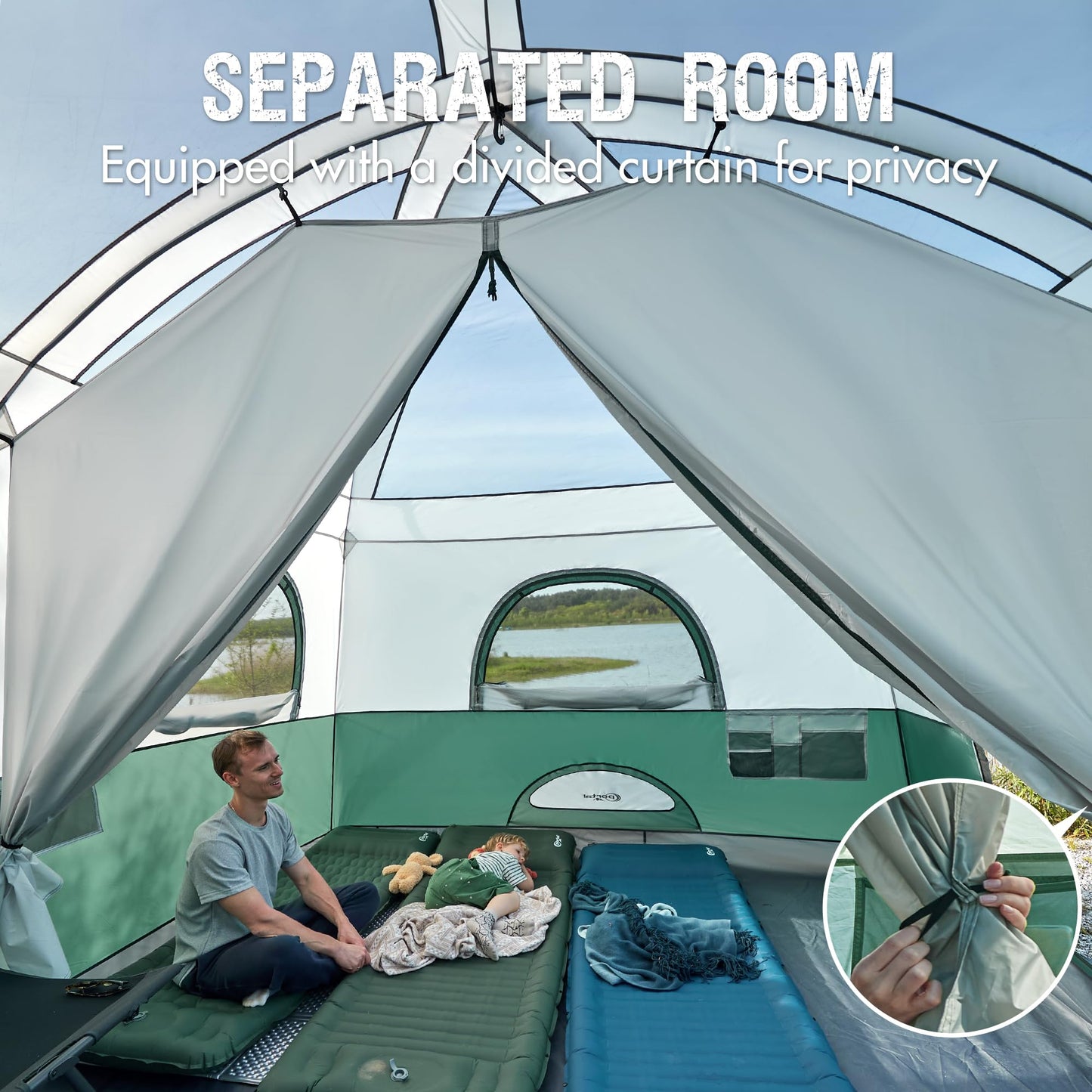 Portal 10 Person Camping Tent with Porch,Water Resistant,Big Family Cabin Tent with 2 Rooms, 6 Large Mesh Windows, Divided Curtain for Outdoor, Traveling, Camping