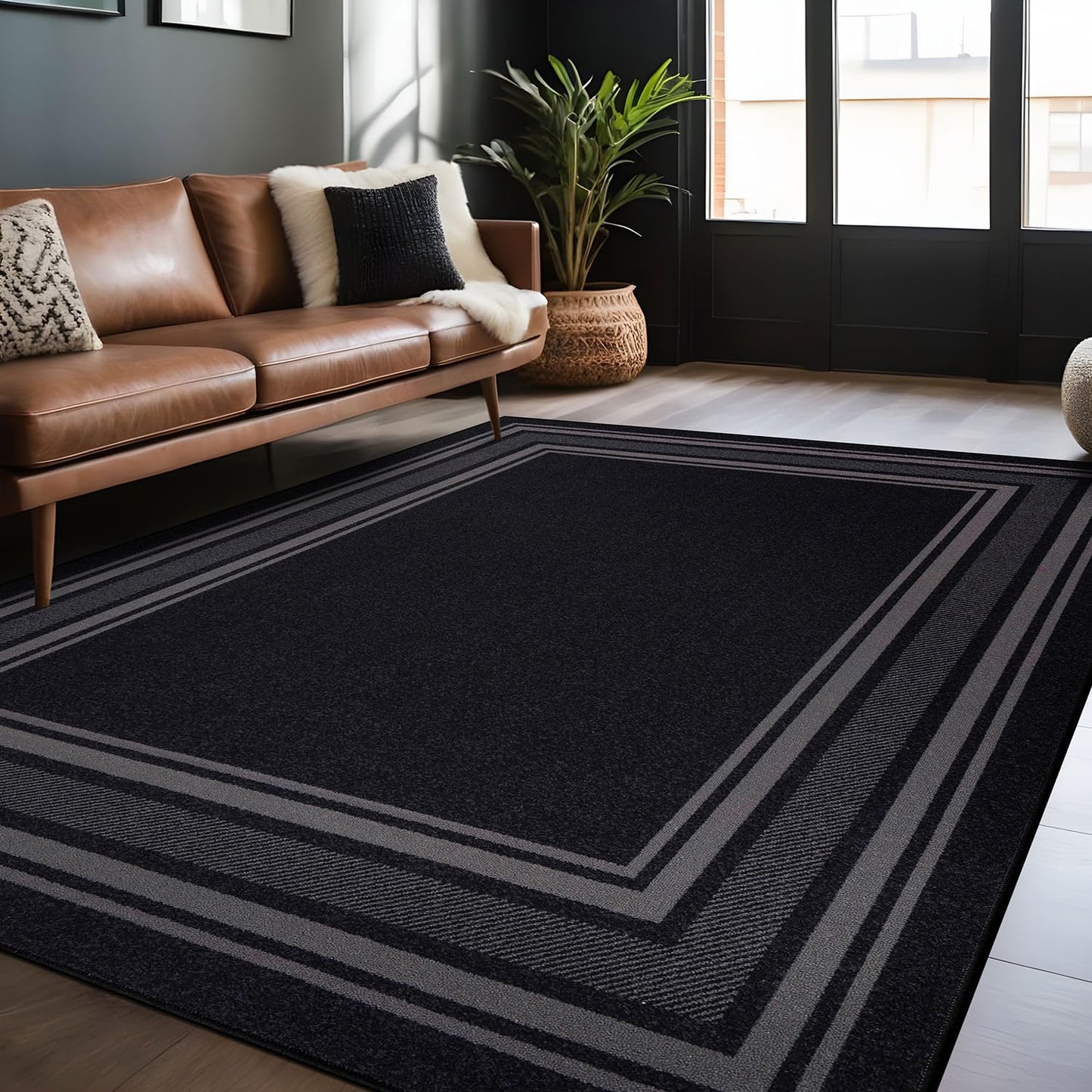 Luul Home Modern Bordered Non Slip Indoor Rugs for Living Room 3x5 Area Rugs for Kitchen, Rug for Bedroom, and Hallway, Stain Resistant Easy Cleaning Non Shedding Black 3 x 5