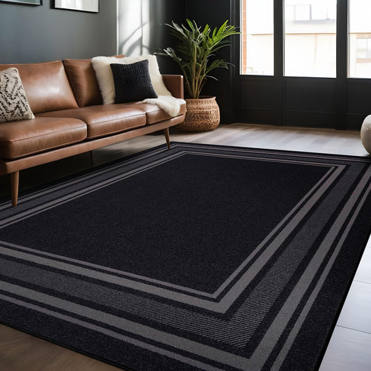 Luul Home Modern Bordered Non Slip Indoor Rugs for Living Room 3x5 Area Rugs for Kitchen, Rug for Bedroom, and Hallway, Stain Resistant Easy Cleaning Non Shedding Black 3 x 5