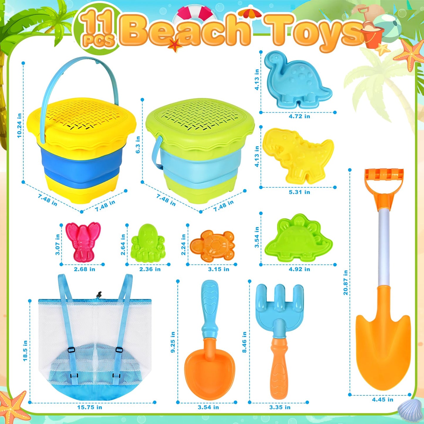 AuroTops Beach Toys for Kids,Collapsible Beach Buckets and Shovels Set with Mesh Bag,Sand Rake Toy,Cute Sand Molds for Kids and Toddlers Outdoor Toys,Summer Travel Beach Game Set