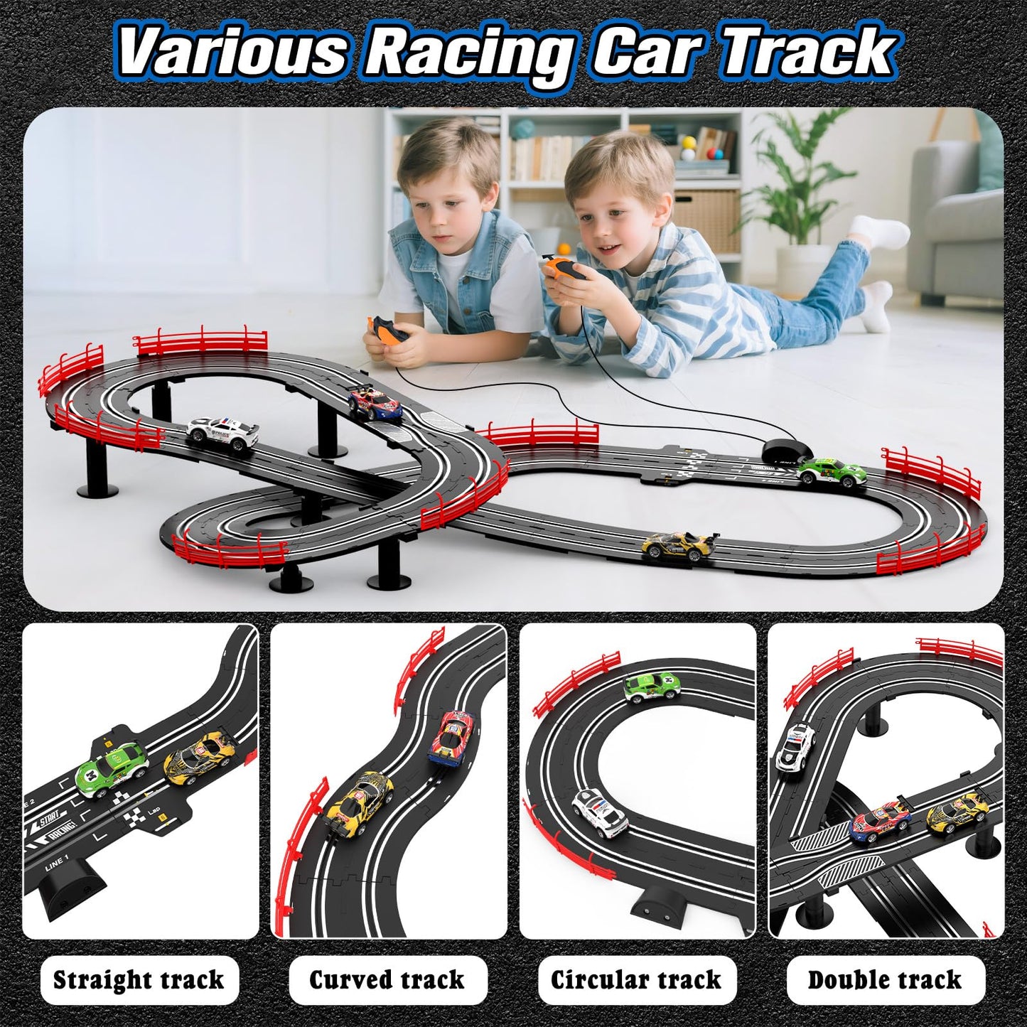 3-in-1 Slot Car Race Track Sets with 4 High-Speed Cars, Electric Track, Dual Racing Game with Lap Counter & 2 Controllers, and Circular Overpass Design – Toy Gift for Boys Kids Ages 4-6 6-8 8-12