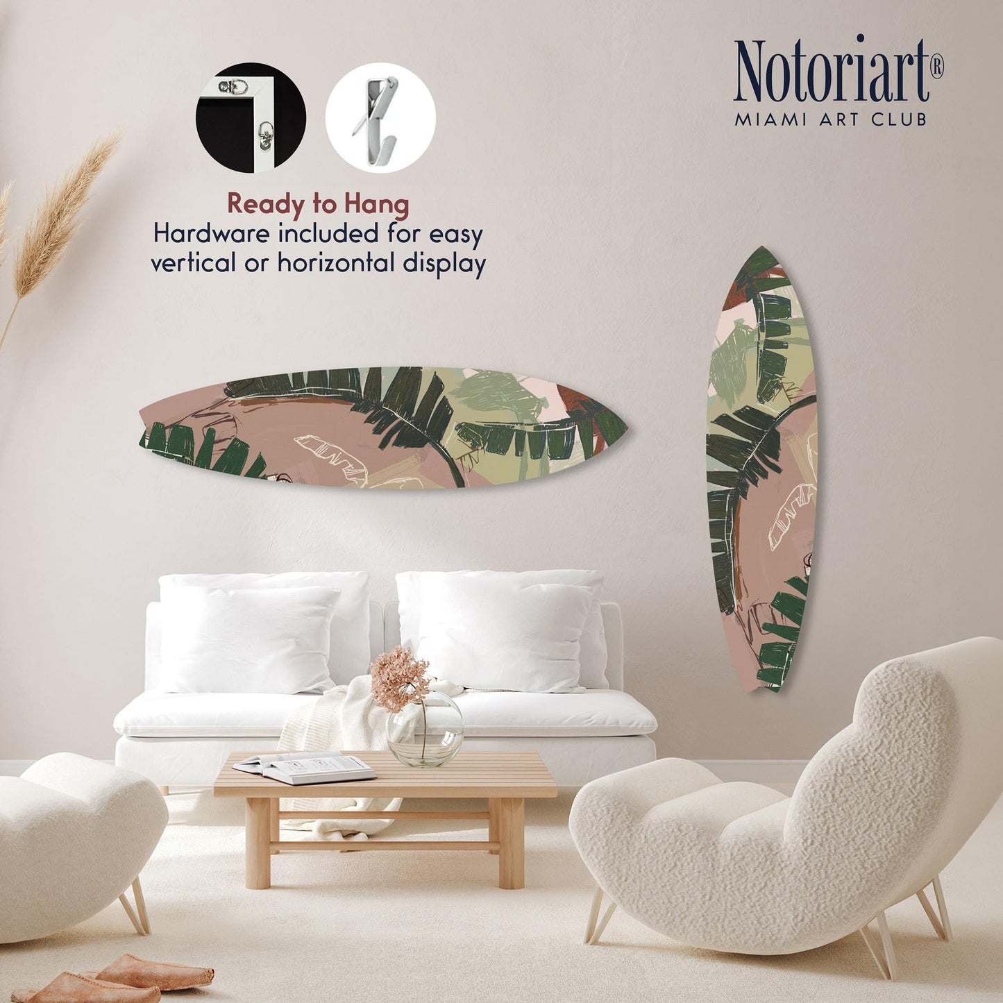 Notoriart Muted Botanical Surfboard Acrylic Wall Art Die-Cut Coastal Modern High-Gloss Home Decor, 15" x 60"