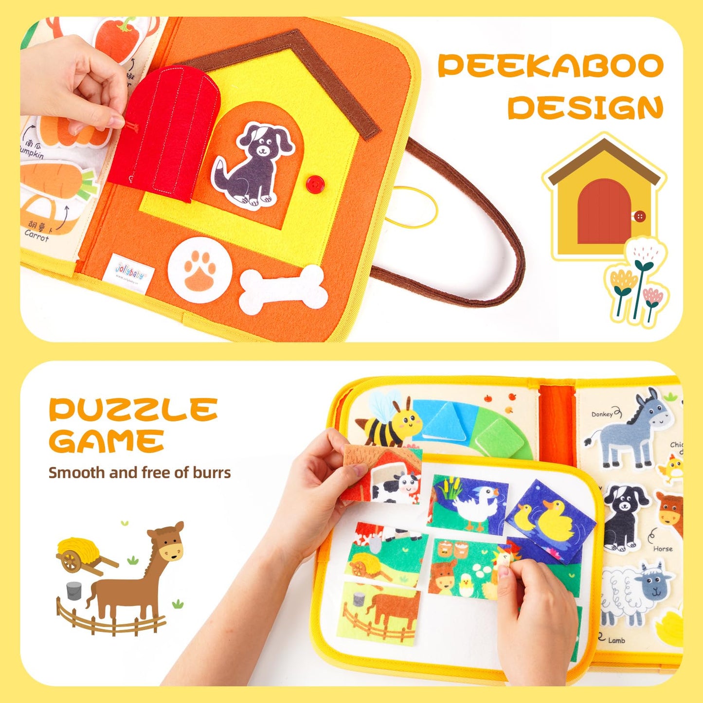 Jollybaby Montessori Activity Busy Book for Toddlers, Preschool Educational Learning Busy Board for 3 Year Old, Felt Quiet Book Birthday Gift - Farm