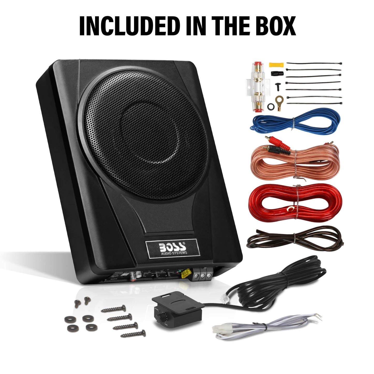 BOSS Audio Systems BASS8K 8 Inch Powered Car Subwoofer and Amplifier Wiring Kit Package - 800 Watts Max Power, Under Seat, Low Profile, 8 Gauge Wiring Kit, for Truck Boxes and Enclosures