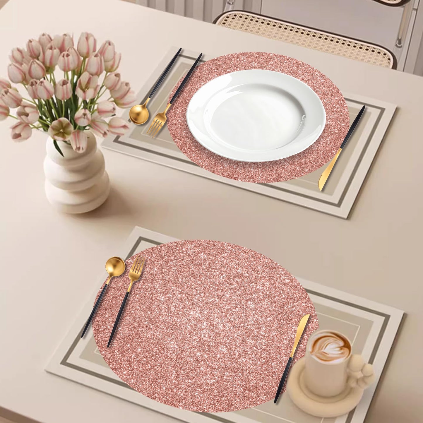 SMUAENSS 100 PCS Rose Gold Paper Placemats Disposable, 13.5" Round Disposable Table Mats, Rose Golden Shiny Table Mats for Birthday Wedding Holiday Party Home Dining Tableware