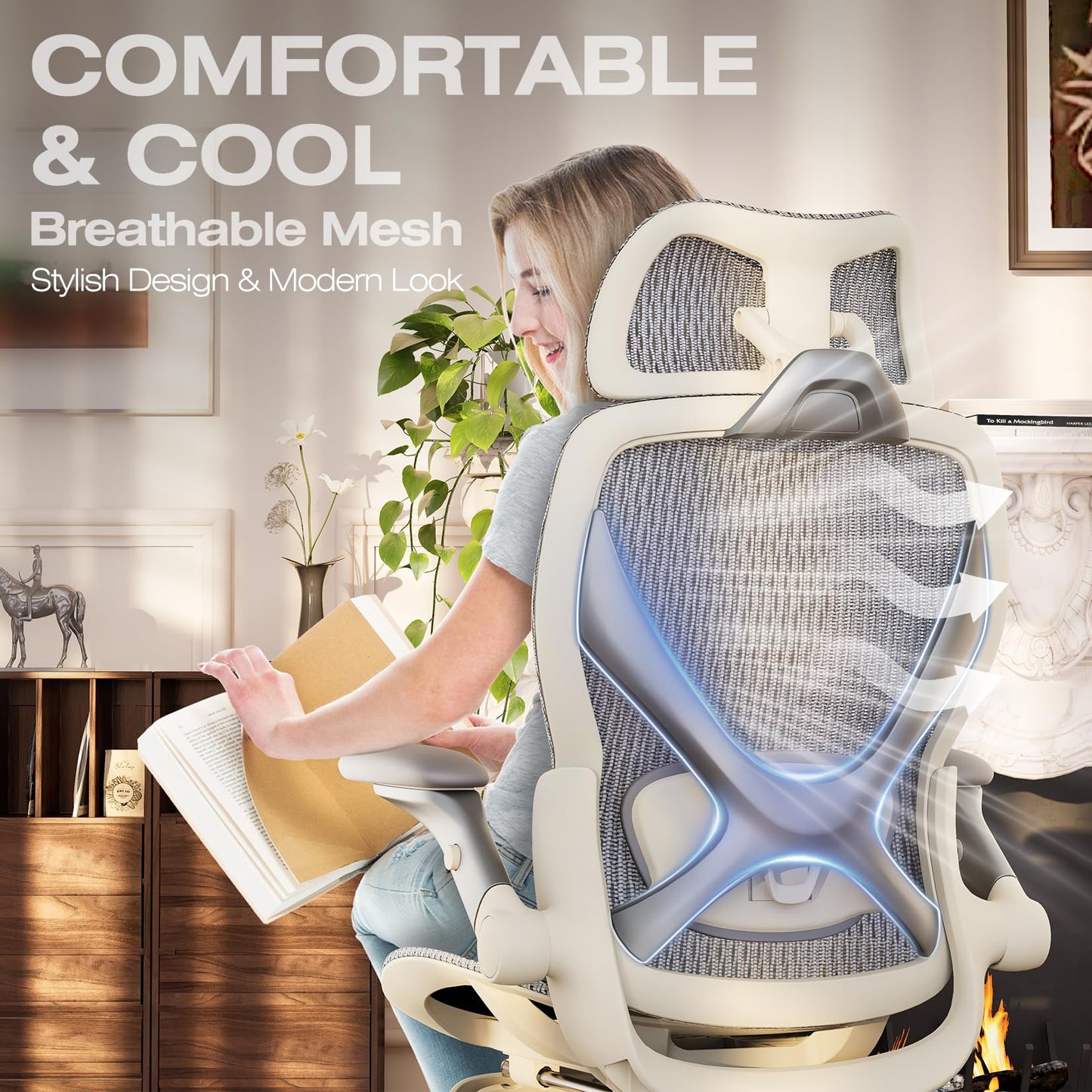 ELABEST X100 Ergonomic Office Chair with Footrest, Big and Tall Home Desk Chair with 5D Flip-Up Arms, Adjustable 3D Lumbar Support,High Back Rolling Computer Chair, Swivel Mesh Chairs (Frosted Dawn)