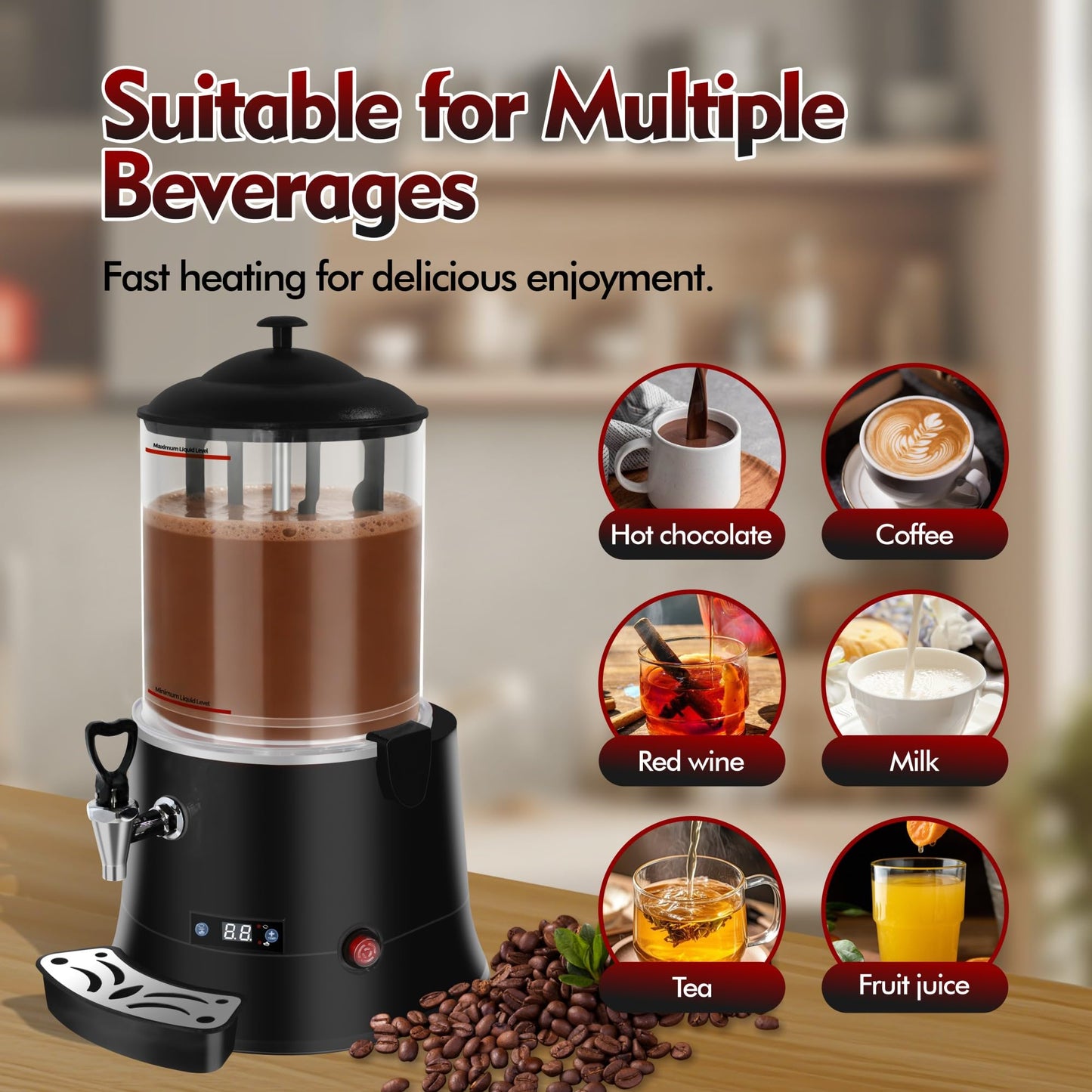 Commercial Hot Chocolate Machine - 10L/2.6Gal Hot Chocolate Maker, Electric Hot Drink Dispenser, 86-194°F Temperature Control Hot Beverage Maker for Cocoa, Milk, Coffee, Juice - Black