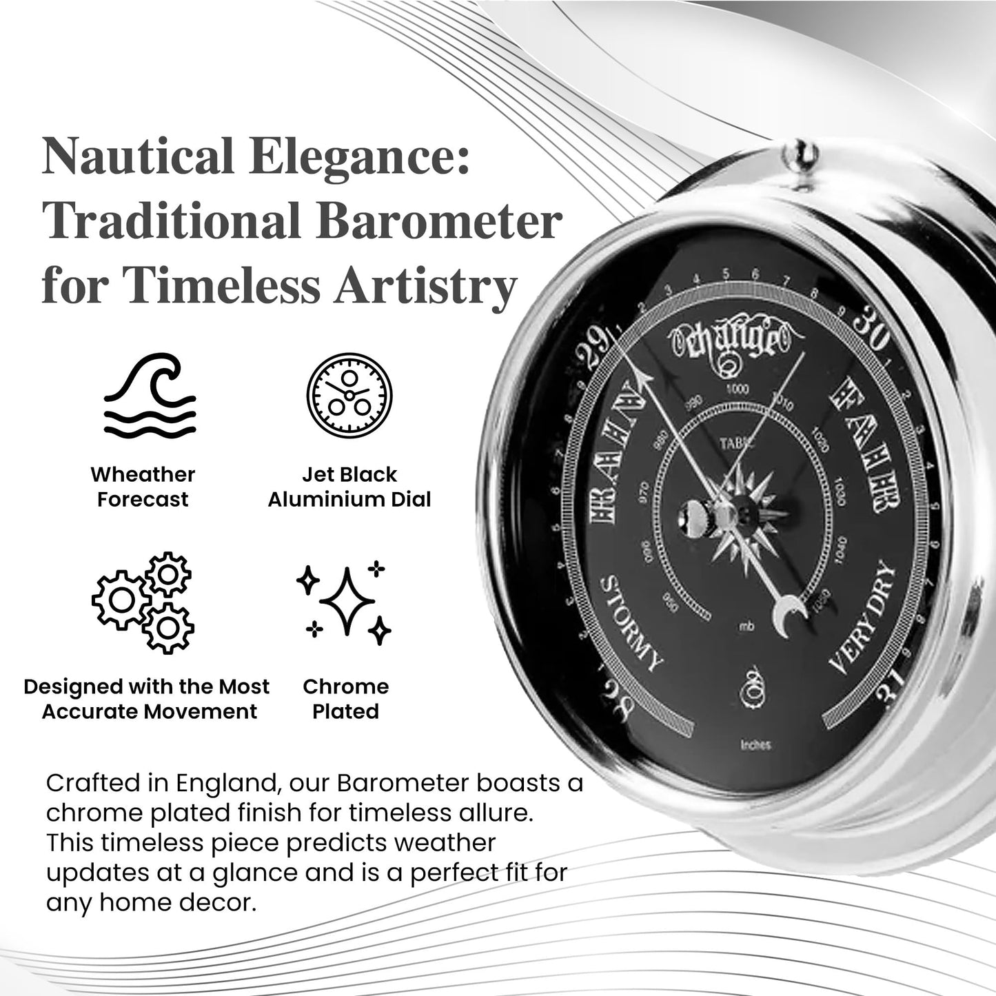 Tabic Prestige Traditional Barometer in Chrome with a Jet Black Dial, Heavy Brass Case (1/2kg) Electroplated with Chromium, Handmade in England
