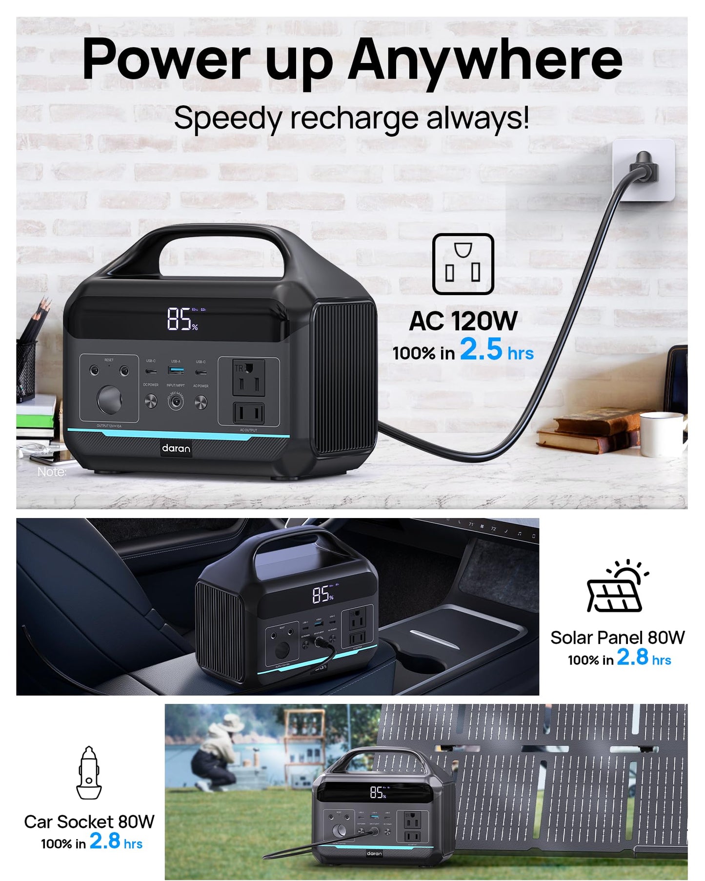 DARAN Portable Power Station 600W(1200W Surge) - 288Wh(90,000mAh) Solar Generator LiFePO4 Battery with AC DC Outlets, 8.3LB Portable Charging Station for Camping, RV, Home, Emergency (Solar Optional)