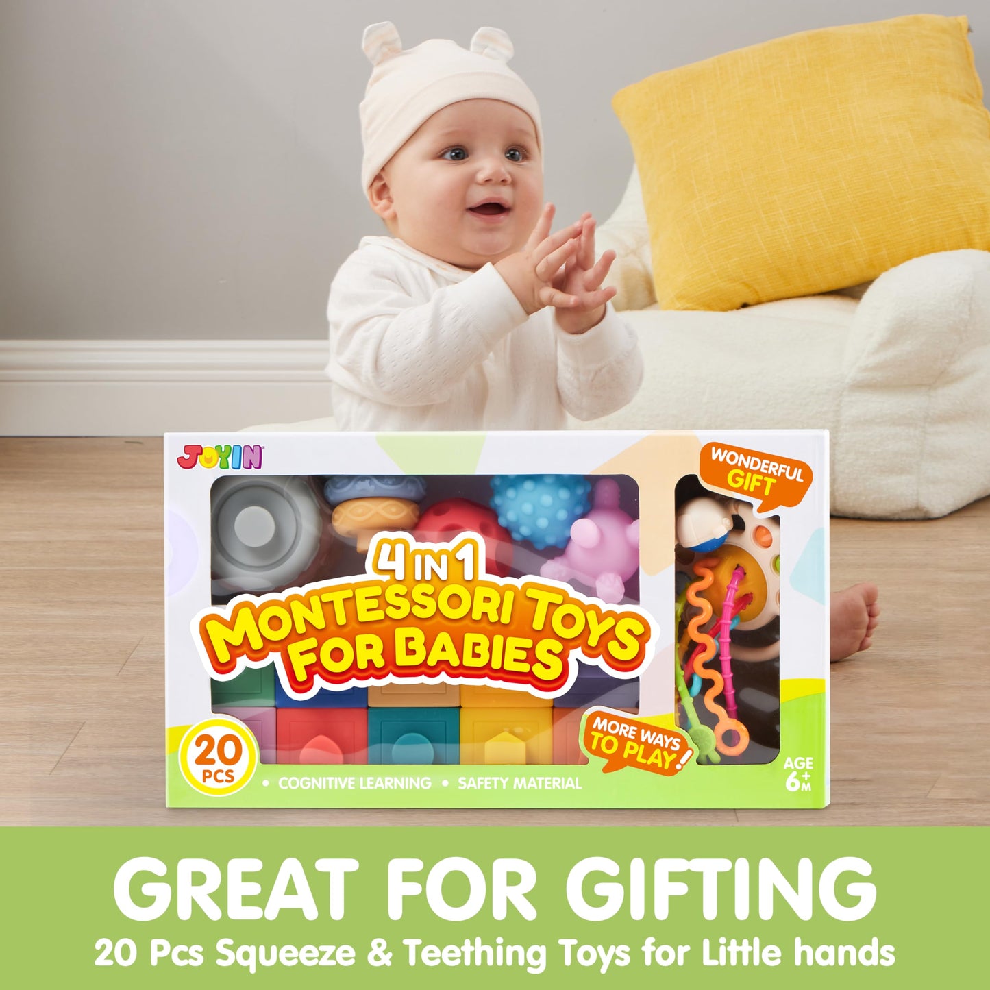 JOYIN Baby Toys - Montessori Toys for Babies, Food-Grade Sensory Present Infant Stacking Circles Teether, Blocks, 3D Stress Balls, Pull String, Learning Gifts for Baby Girls Boys