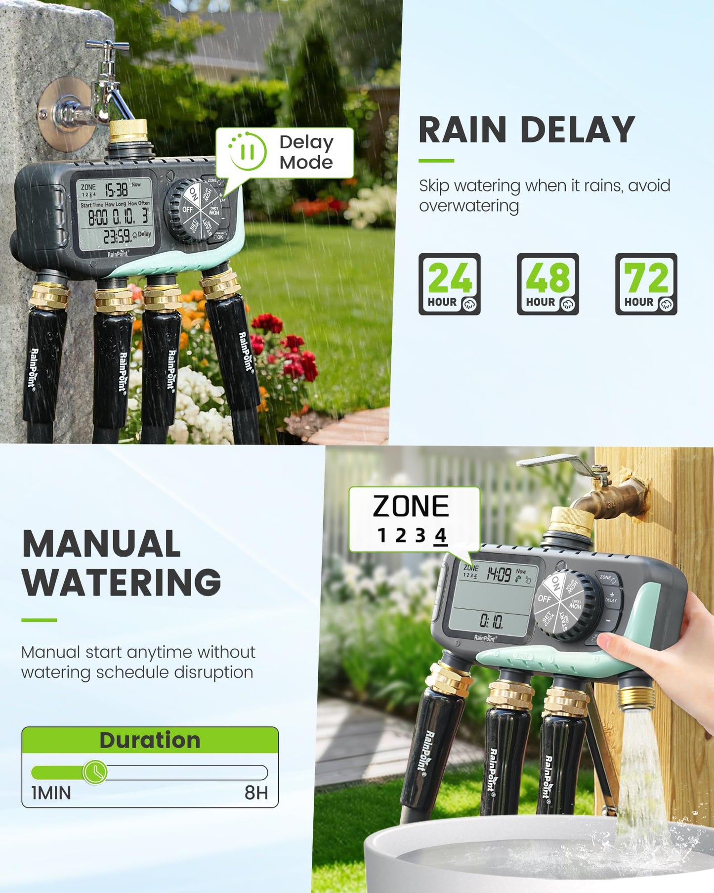 RAINPOINT Sprinkler Timer 4 Zone, Water Timer for Programmable, for Soaker Hose with Rain Delay/Manual/Automatic Watering System, Digital Irrigation for Yard, Lawn