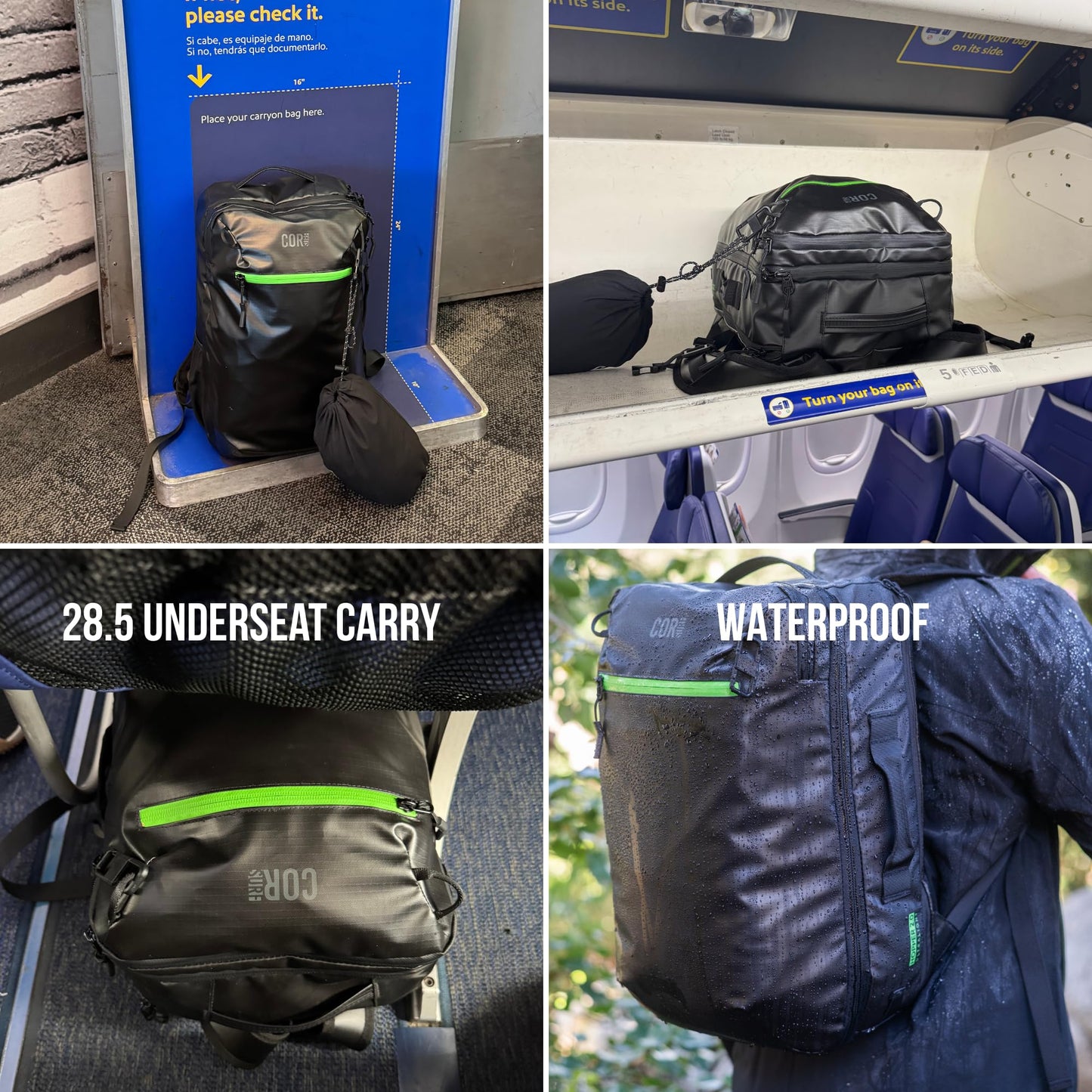COR Surf Travel Backpack Carry On Backpack for Airplanes - Island Hopper 2.0 - Travel Backpack with Clamshell Design -Black with Green Zipper