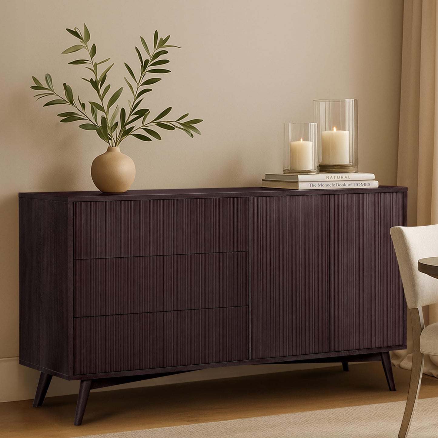 Teamson Home Tremolo 55″ Wide Sideboard Cabinet with 3 Deep Drawers & 2 Push-Open Doors, Adjustable Shelf & Rubber Wood Feet, Fluted Fronts in Contemporary Style for Living, Dining Room, Espresso