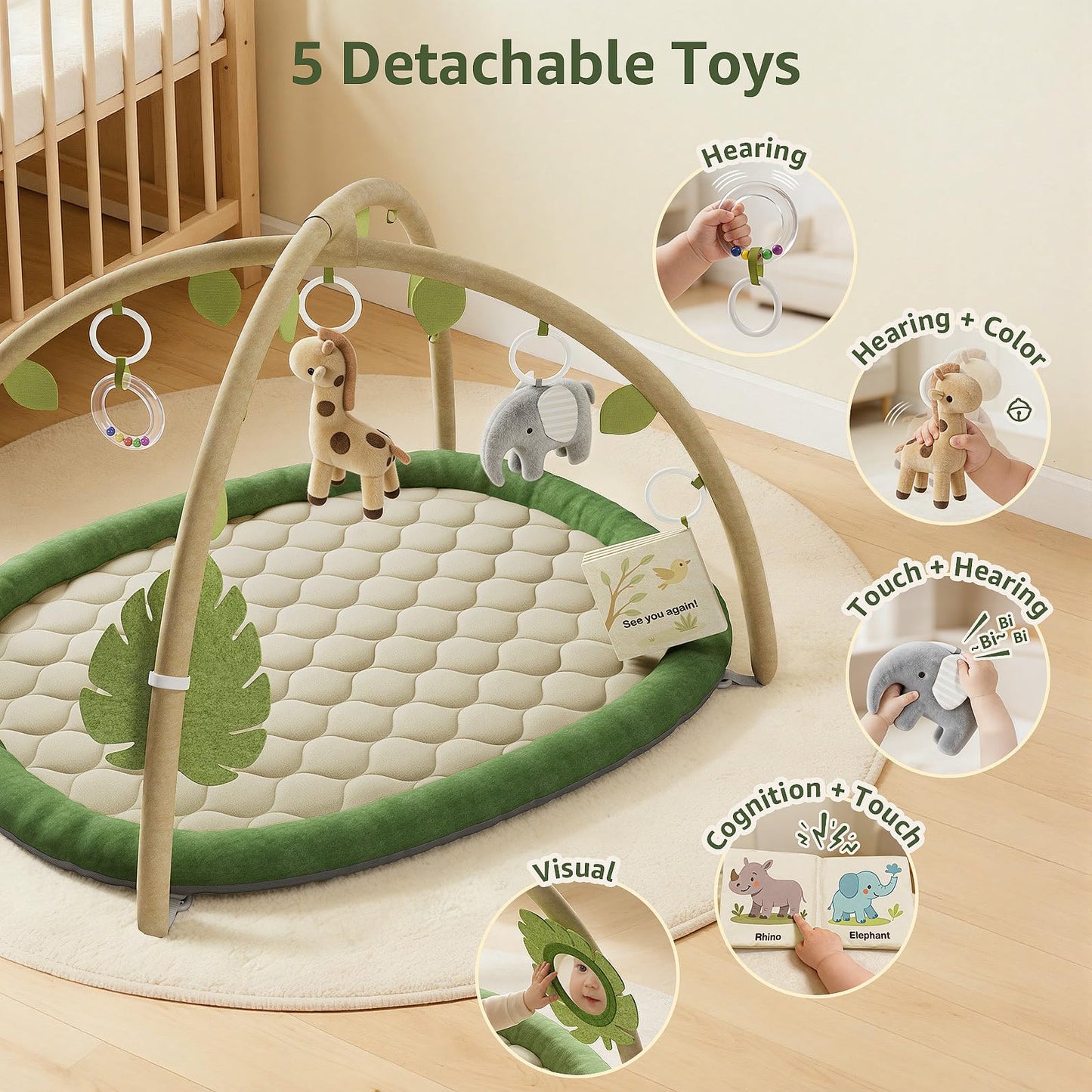 TinyThrive Baby Play Gym & Activity Mat, Baby Play Mat with 5 Detachable Toys, Promotes Motor Skills & Sensory Development, Tummy Time Mat for Baby to Toddler, Baby Essentials Shower Gift, Green