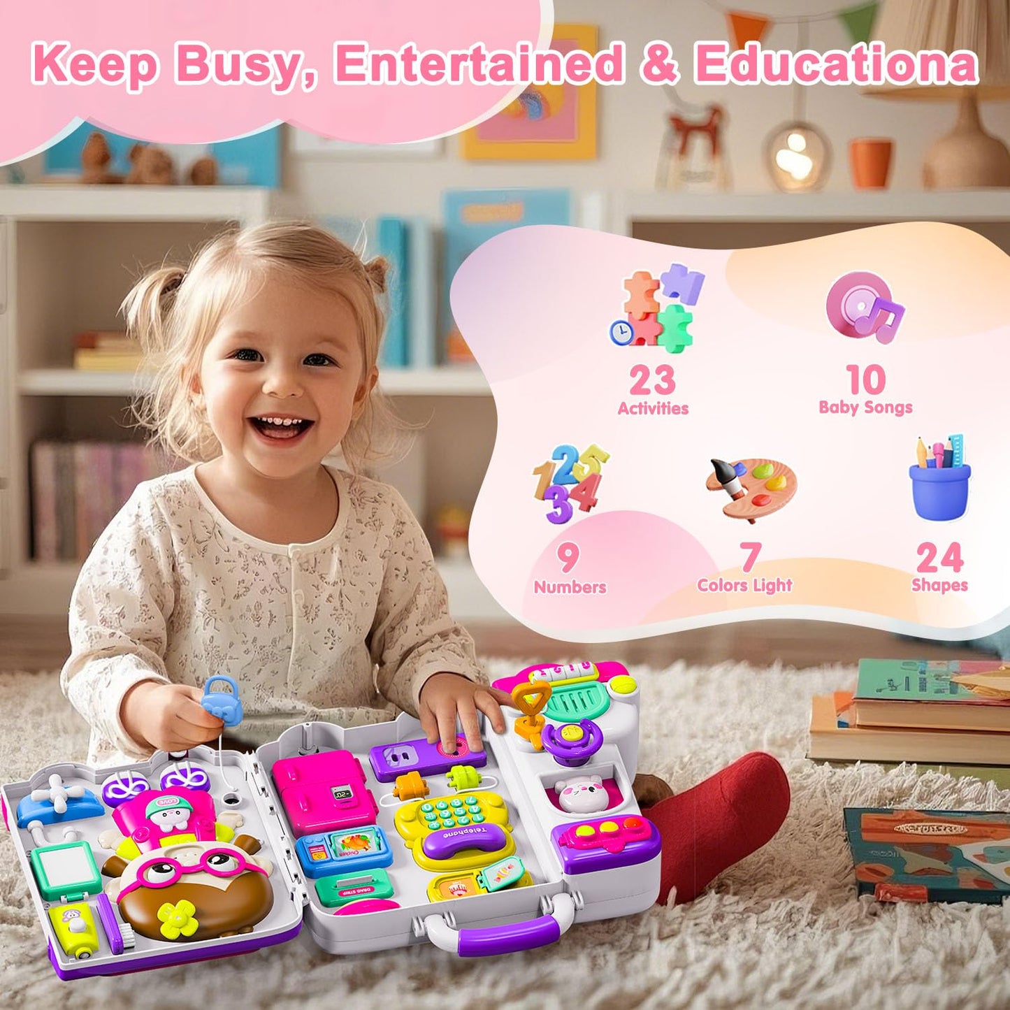 VOILBTOY Busy Board for 1-2 Year Old Girl Gift,Musical Toys for Toddlers 1-3 Year,Educational Fine Motor Baby Toys for 12 18 Months,Perfect for Preschool or Travel,Birthday Gift for 1+Year Old Girl