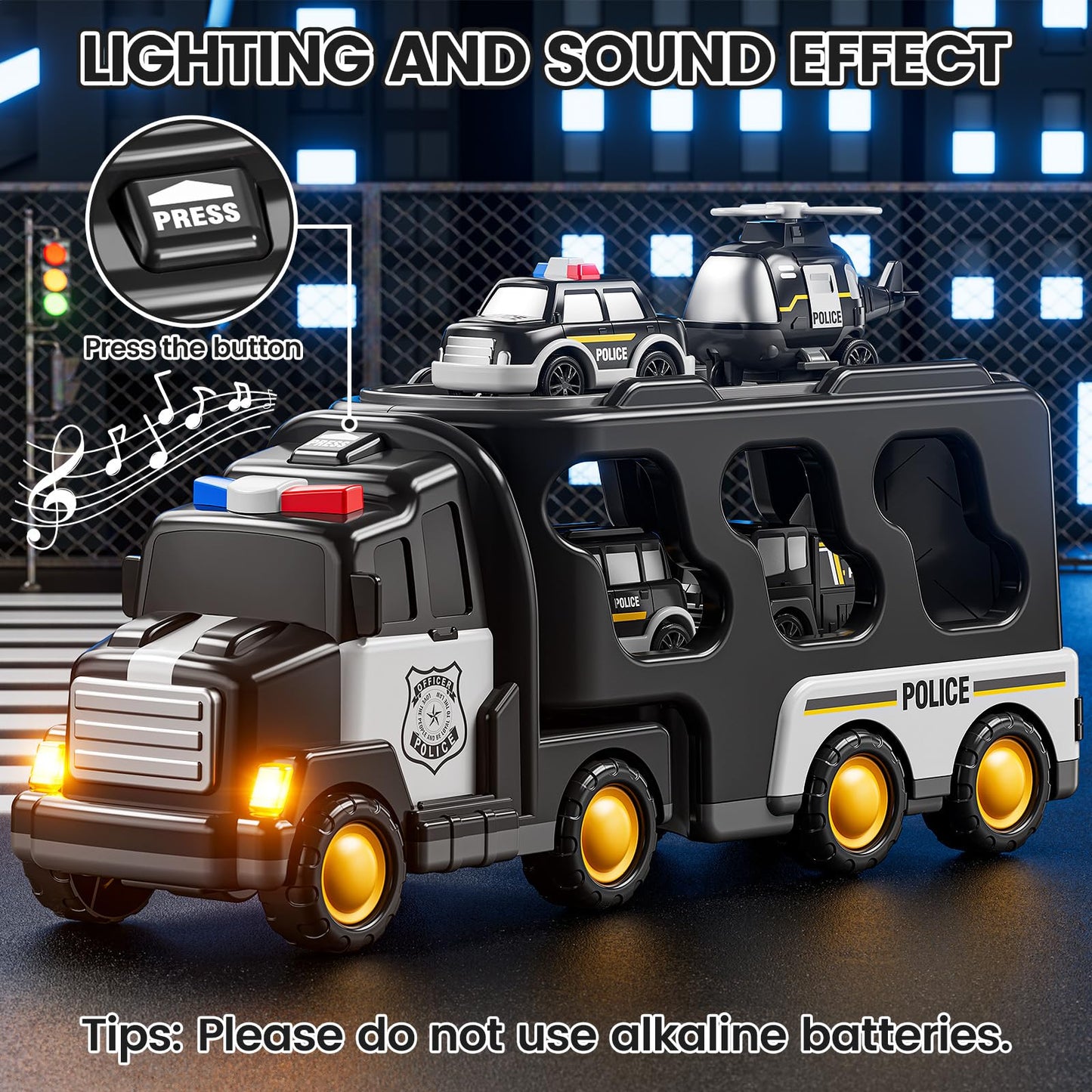 JUKUDAHU Police Truck Toy for 3 4 5 6 Years Old Boys - Carrier Vehicle Toy Set with 3 Small Cars and 1 Helicopter, Kids Firction Powered Car for Age 3-9, Gifts for Boys and Girls