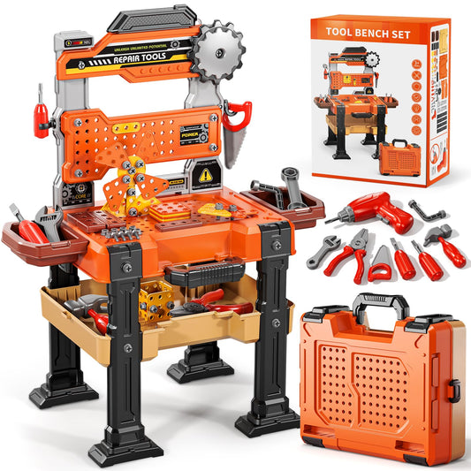 2-in-1 Kids Tool Bench Set, 152 Pcs Toddler Tool Toy Playset with Electric Drill & Realistic Tools, STEM Building Pretend Play Construction Toys for Boys, Toddlers Toys Gifts for Kids Ages 3 4 5 6 7