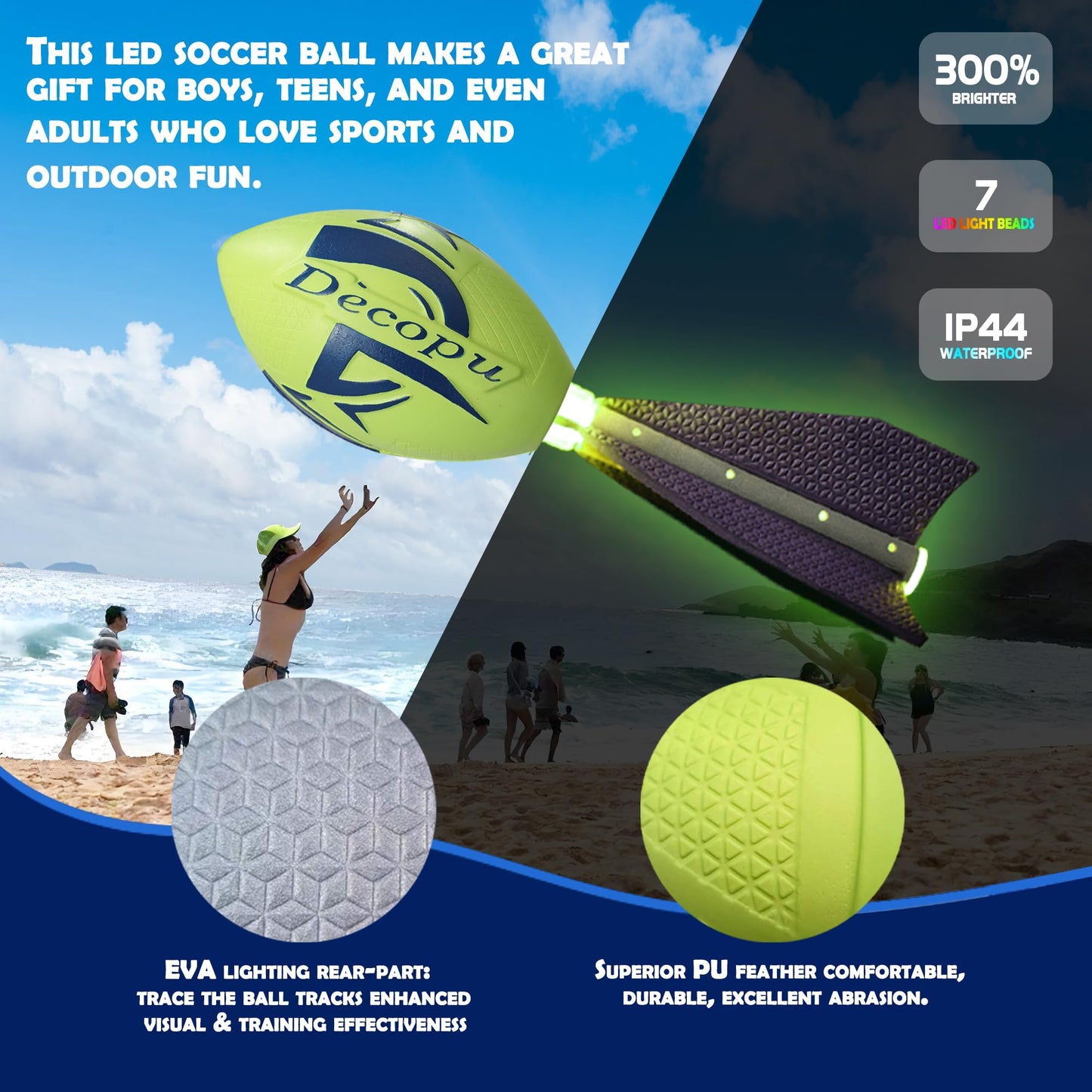KASTUMBGA Rechargeable Glow in The Dark Light Up Football-7RGB Color Changing LED, Impact-Responsive, Durable Foam (No Pump), Perfect for Beach/Park/Backyard, Birthday Gift for Boys 6-15 Years Old
