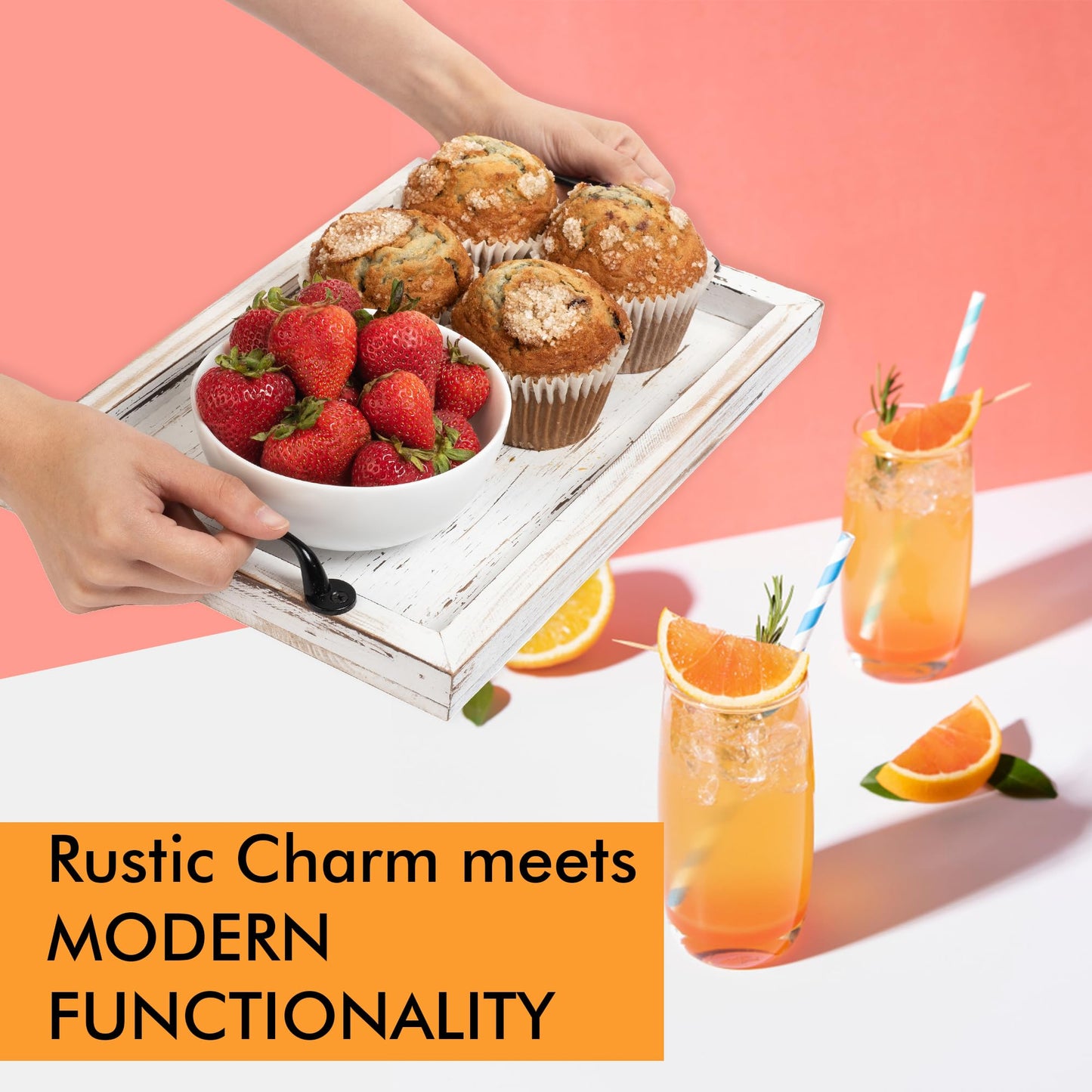 Rustic Serving Tray with Handles - 2 Nesting Trays for Serving Food - Wooden Tray for Decor, Coffee Table & Ottoman - Large Serving Tray with Distressed White Finish to Complement Any Decor