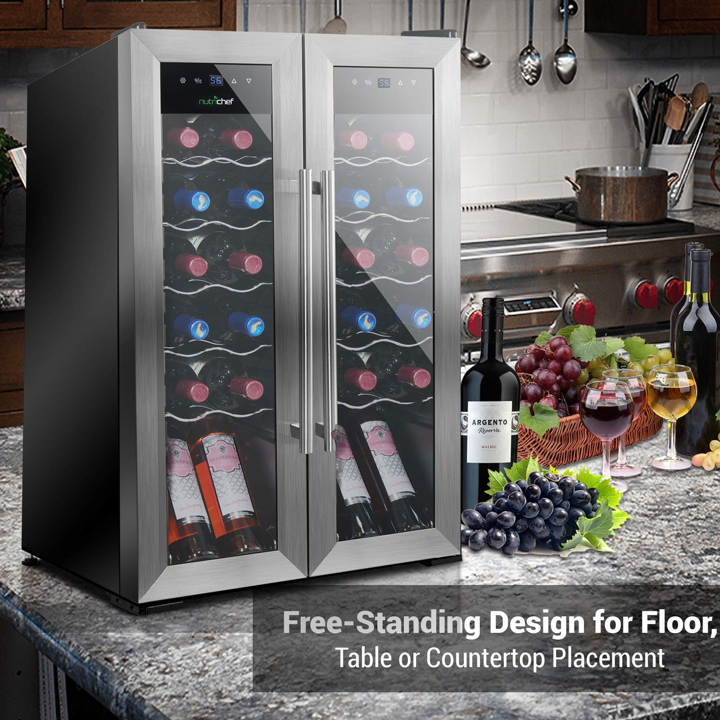 NutriChef 24-Bottle Wine Fridge – Dual Zone Cooler for Red & White Wines, 41°F–64°F Temp Control, Ultra-Quiet, Fits Home, Office, or Kitchen Counters – 31x19x20 in.