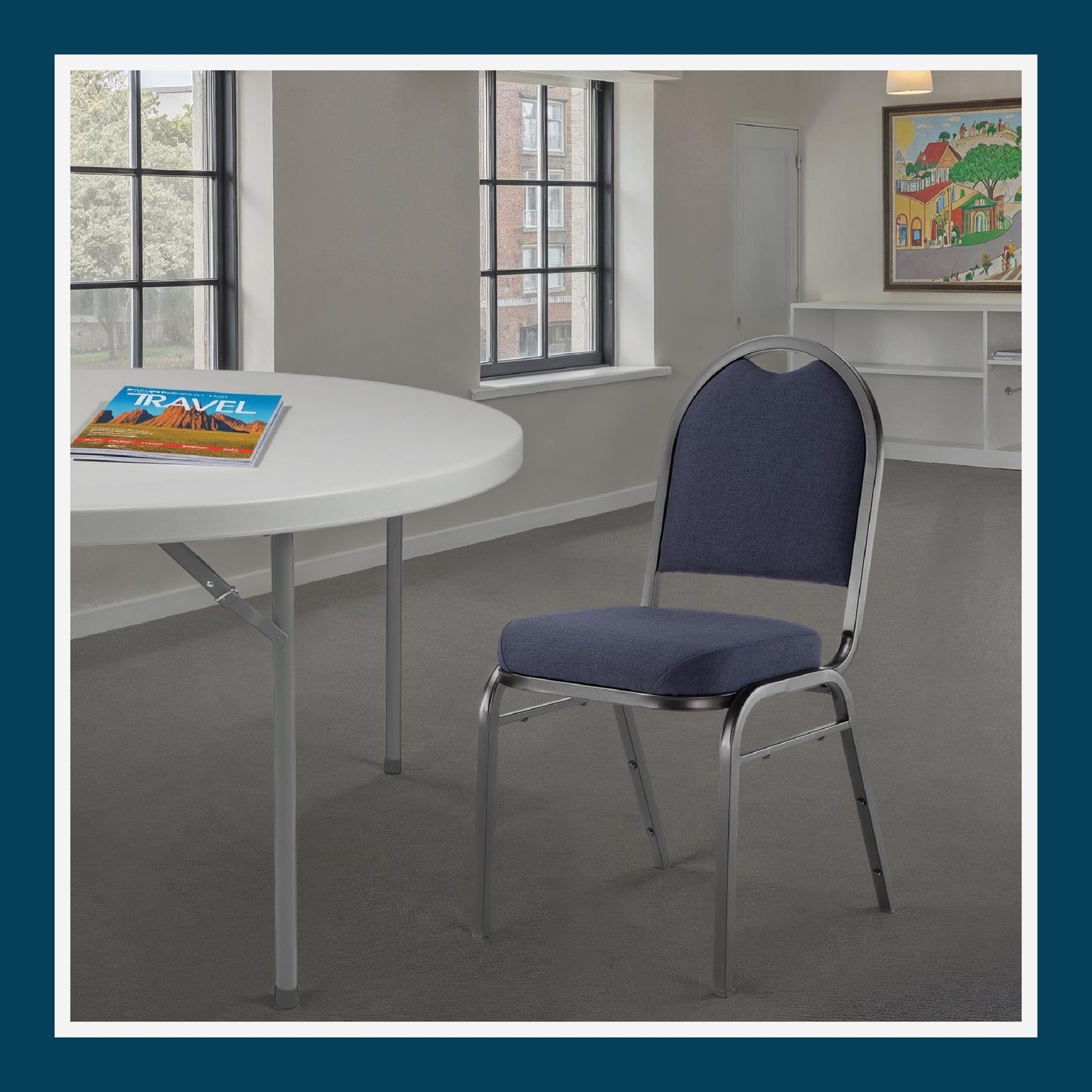 OEF Furnishings OEF9200F Series Dome Back Upholstered Stackable Banquet Chairs Premium Commercial Seating (2 Pack, Fabric, Midnight Blue, Black Santex Frame)