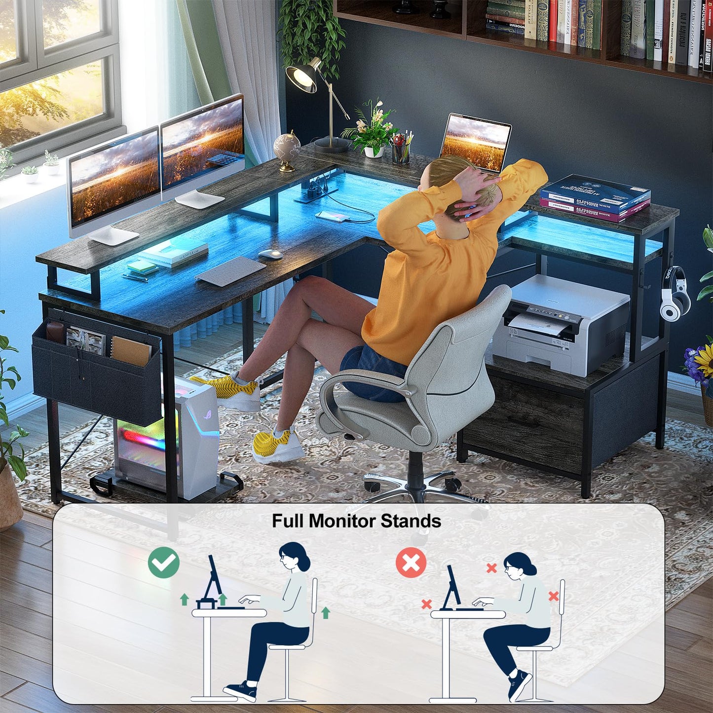 Hyomdeck L Shaped Desk with Power Outlet and LED Strip, Reversible L Shaped Computer Desk with File Drawer, Corner Desk for Gaming Writing, Home Office Desk with Monitor Shelf, Black Oak