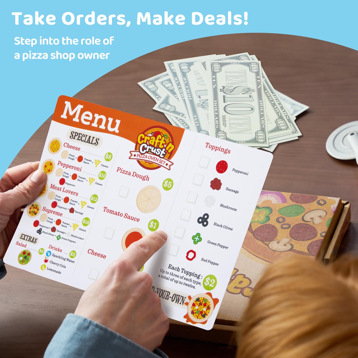 lalalark Play Food Toddler Toy - Pizza Toy with 18 Toppings - Pretend Cutting Food for Kids - Craft 'n Crust - Interactive Check Out - Play Money - Cooking Kitchen Accessories for Boys and Girls