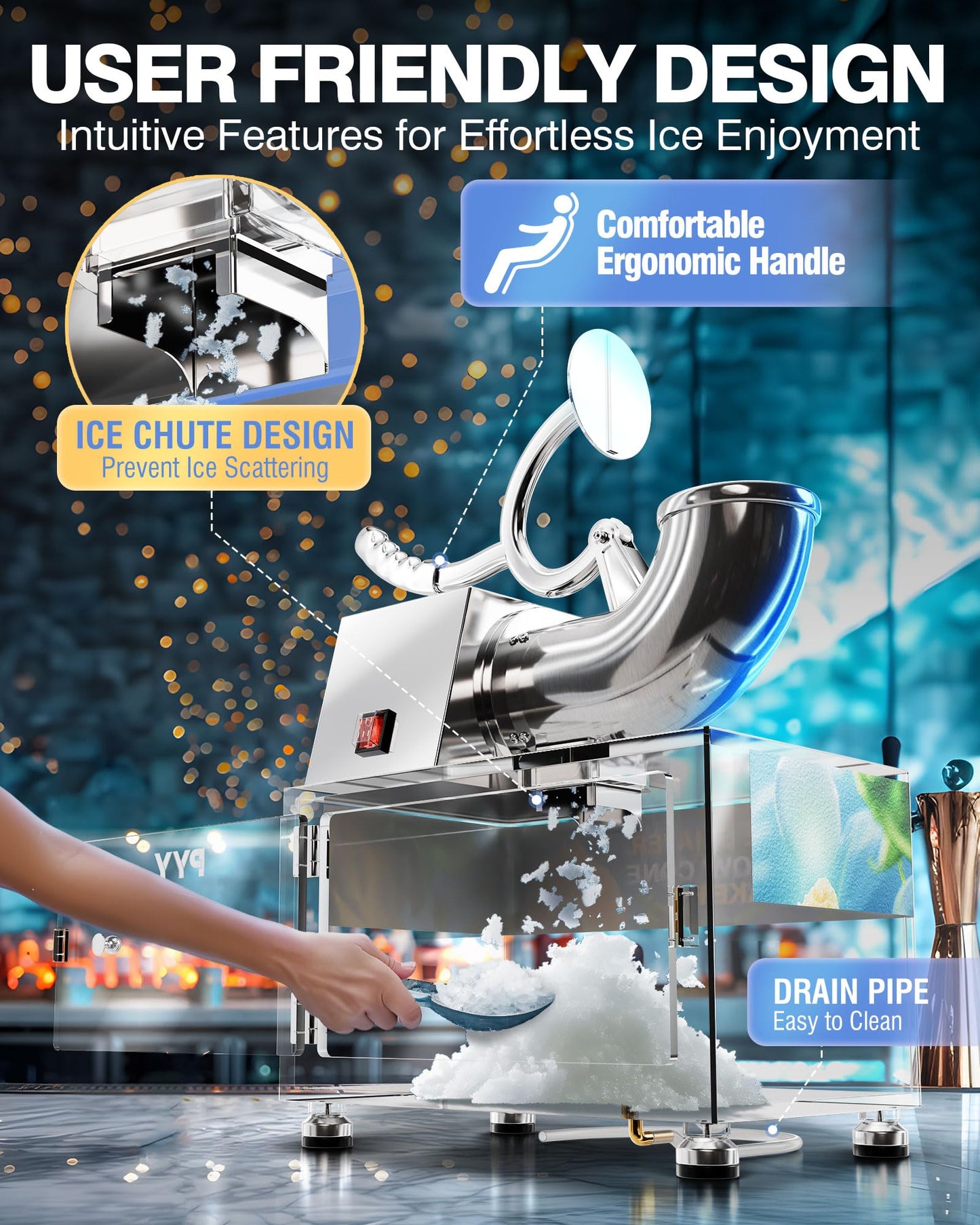 PYY Snow Cone Machine - Commercial Ice Crusher Shaver, Electric Crushed Shaved Snowcone Maker, All-Copper Motor 440LBS/H 1400RPM, Stainless Steel Full Body, Dual Blades, Acrylic Box and Drain Pipe