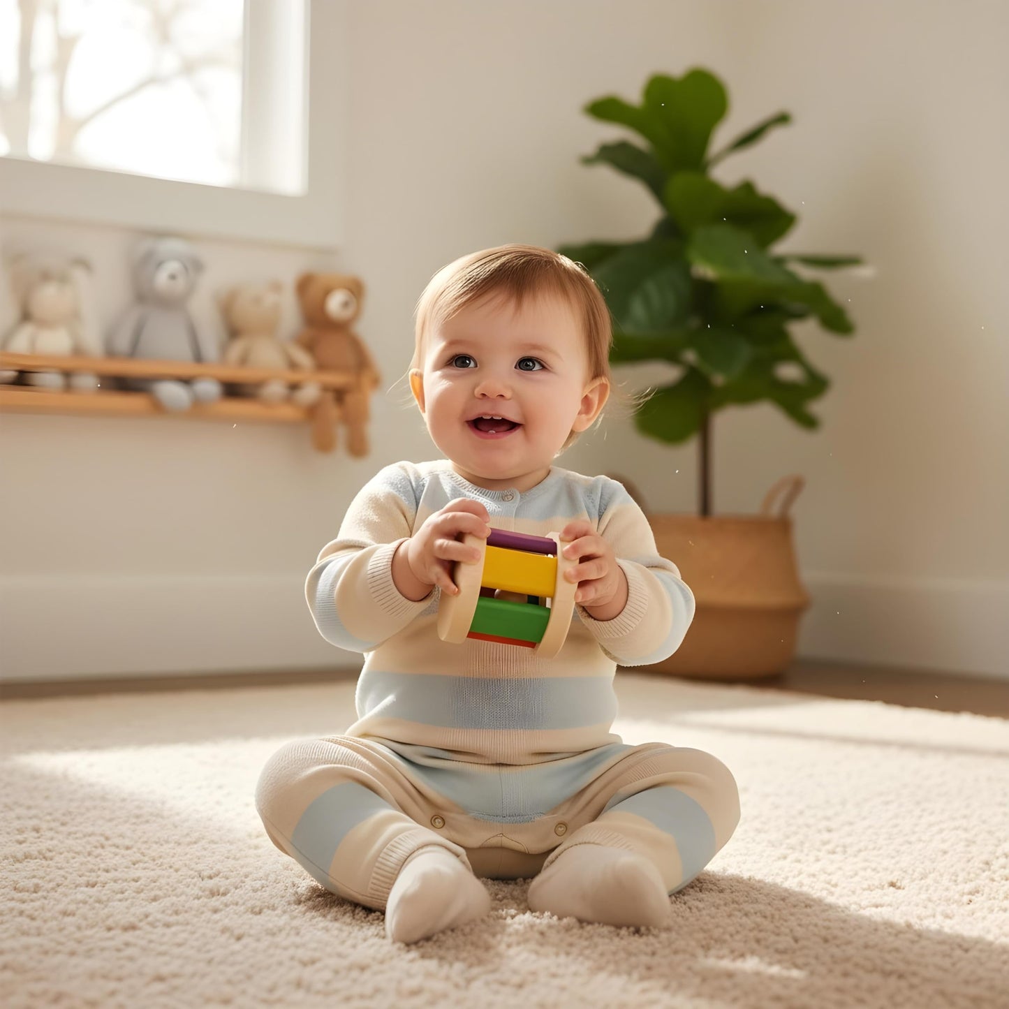 PlanToys® Wooden Roller Rattle Toy for Babies | Montessori Baby Sensory Toy with Gentle Sound | Eco-Friendly Crawling & Motor Skill Toys for Infants