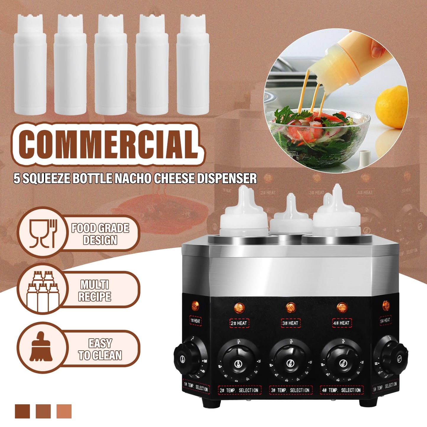 YOOKTEN Commercial Electric Sauce Warmer Dispenser 0.68x5 Qt Hot Chocolate Nacho Cheese 86-185℉ Heater Hot Fudge with Bottles Adjustable