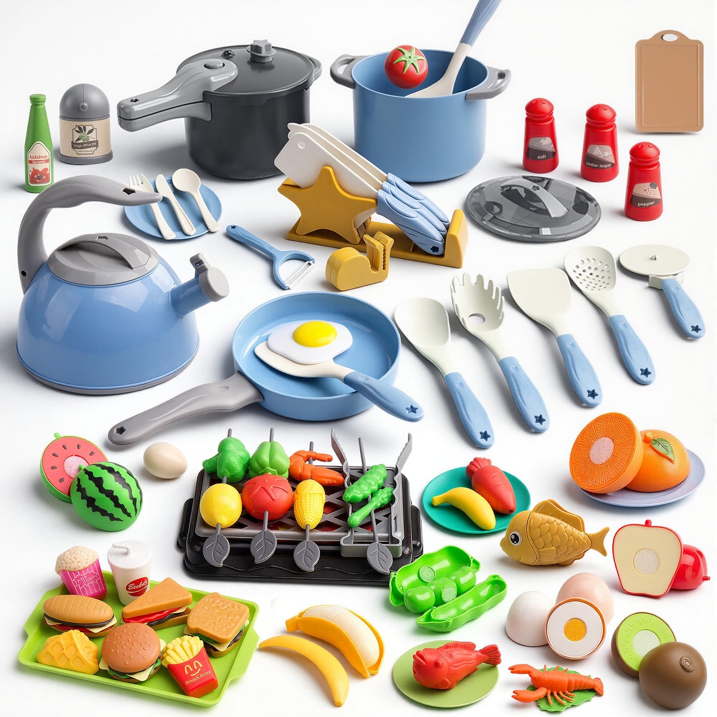 Zero Zoo 105Pcs Kids Kitchen Toy Accessories, Toddler Pretend BBQ Camping Cooking Playset, Play Pots, Pans, Utensils Cookware Toys, Play Food Set, Vegetables, Learning Gift for Girls Boys