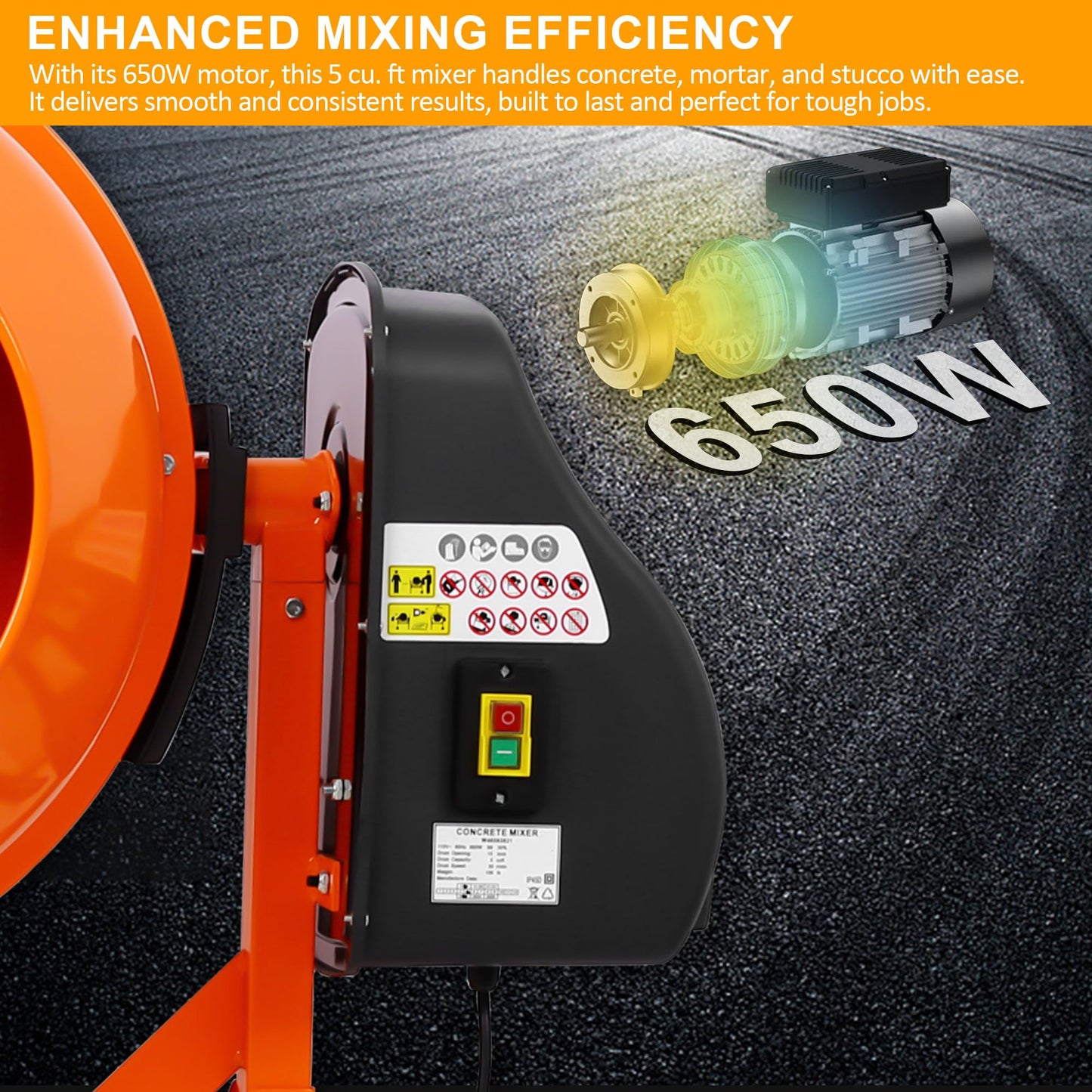 WORVISTA 5.0 Cu. Ft Electric Cement Mixer, 650W 4/5 HP Portable Concrete Mixer with Wheels and Stand, Heavy Concrete Mud Mixer Tools, Adjustable Tilt for Mortar Stucco Seeds and Fodder, Orange