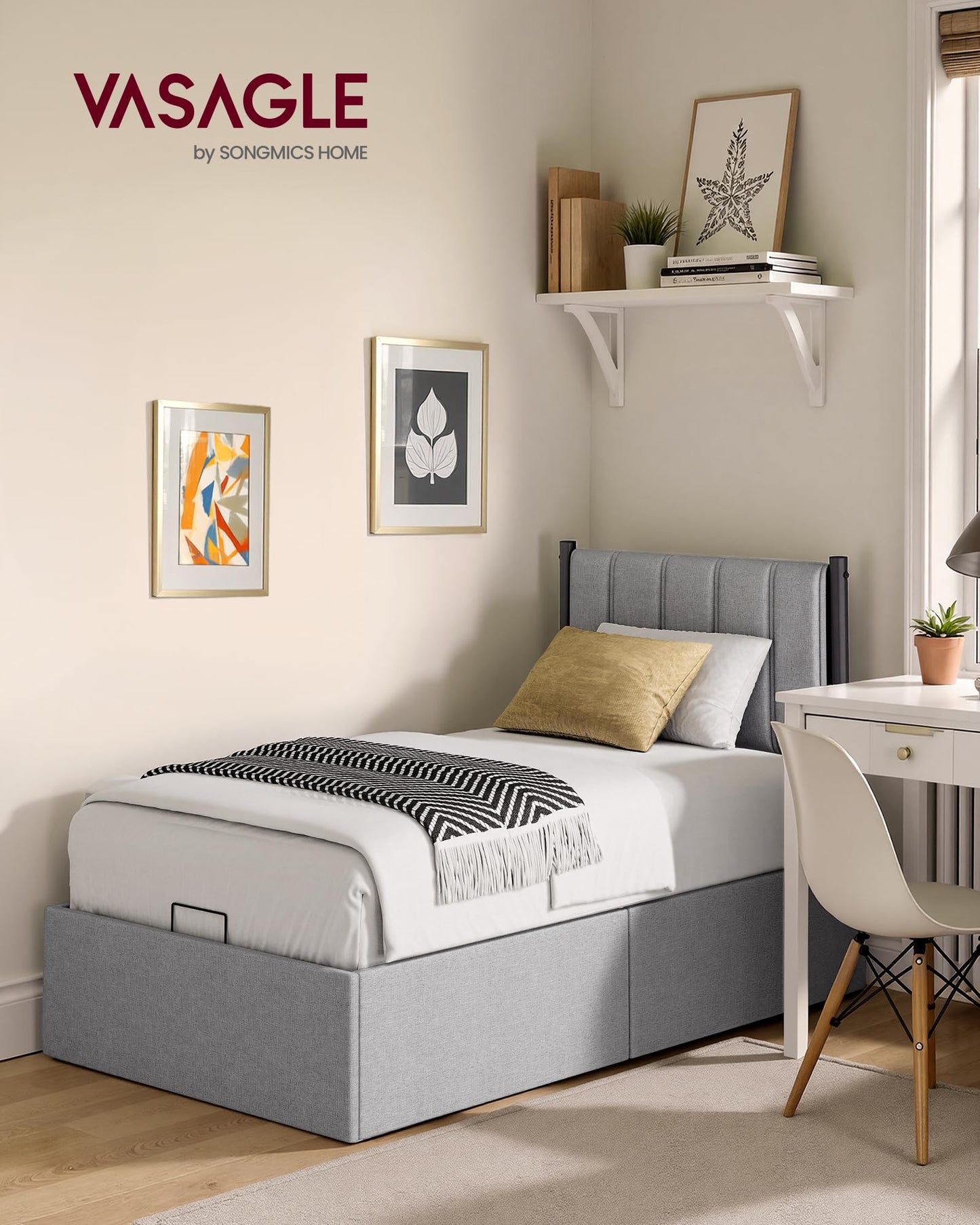 VASAGLE Lift Up Storage Bed Frame Twin Size, Hydraulic Platform Bed, with Upholstered Headboard, 550 lb Weight Capacity, No Box Spring Needed, Easy Assembly, Modern, Dove Gray URMB603G01