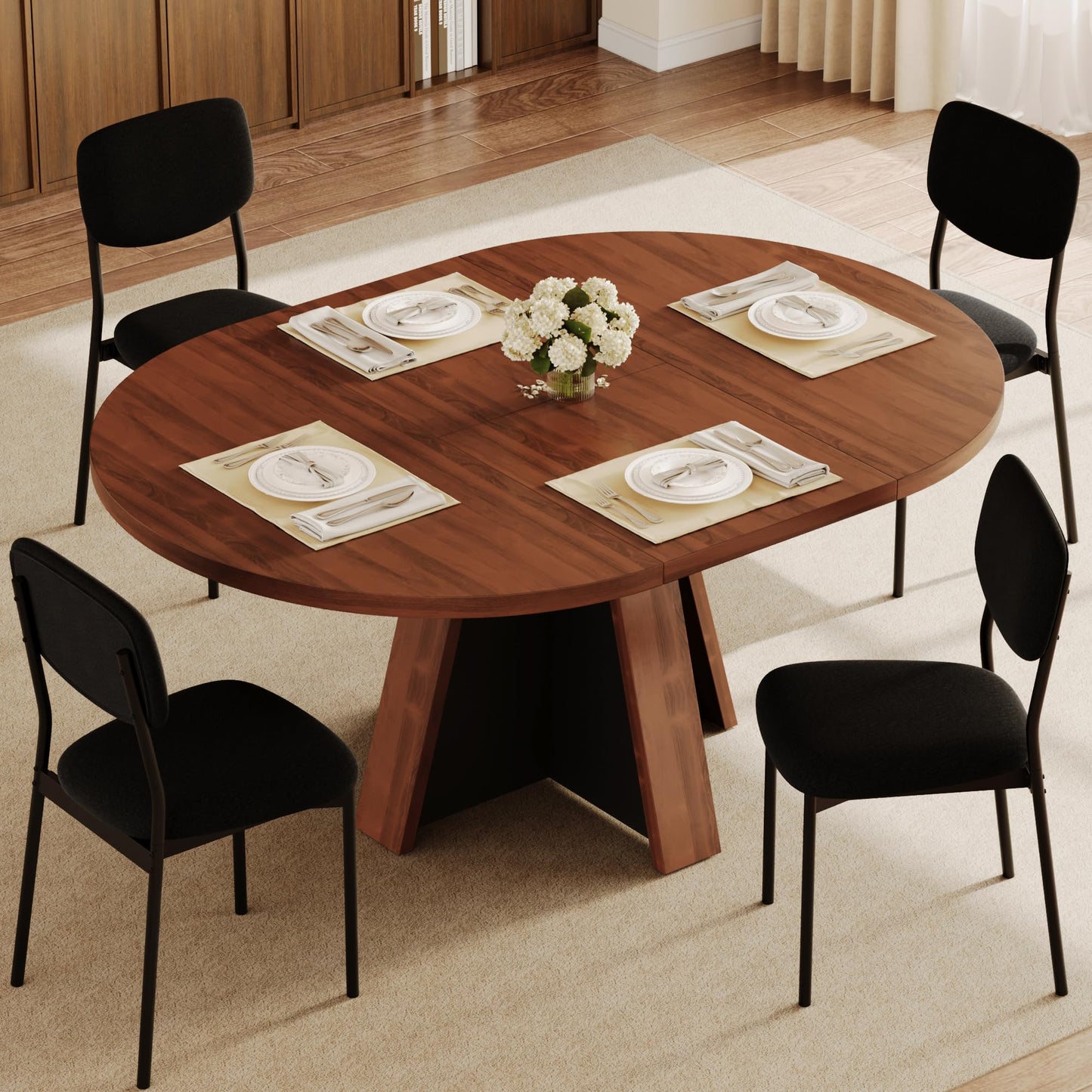Einhomn 5-Piece Extendable Round Dining Table Set for 4-6, 59 '' Kitchen Circle Table with 4 Chairs, Space-Saving Wood Base Dining Set for Kitchen, Living Room