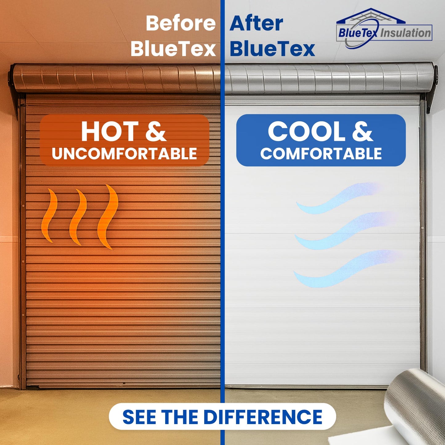 BlueTex Roll Up Garage Door Insulation Kit for Cooling Down Metal Buildings – Easy to Install Complete Insulation for Garage Doors Up to 12'x12' - Covers 150 Sq Ft of Large Single Door