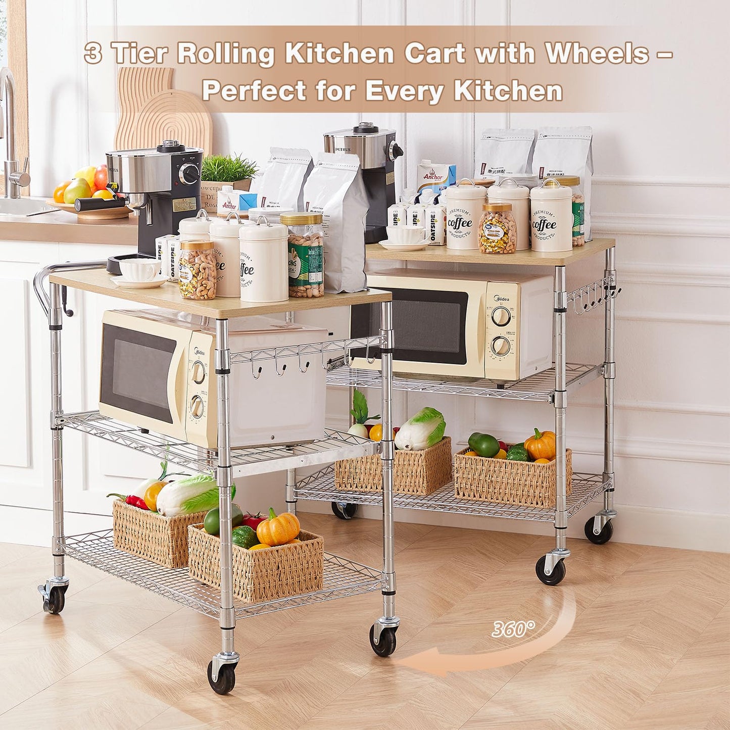 3 Tier Rolling Kitchen Cart with Wood Tabletop, Kitchen Island Carts with Wheels & Slider Shelf, Microwave Cart on Wheels, Coffee Cart with Hooks, 35.4" L*18.1" W*31.9" H，Wood+Chrome