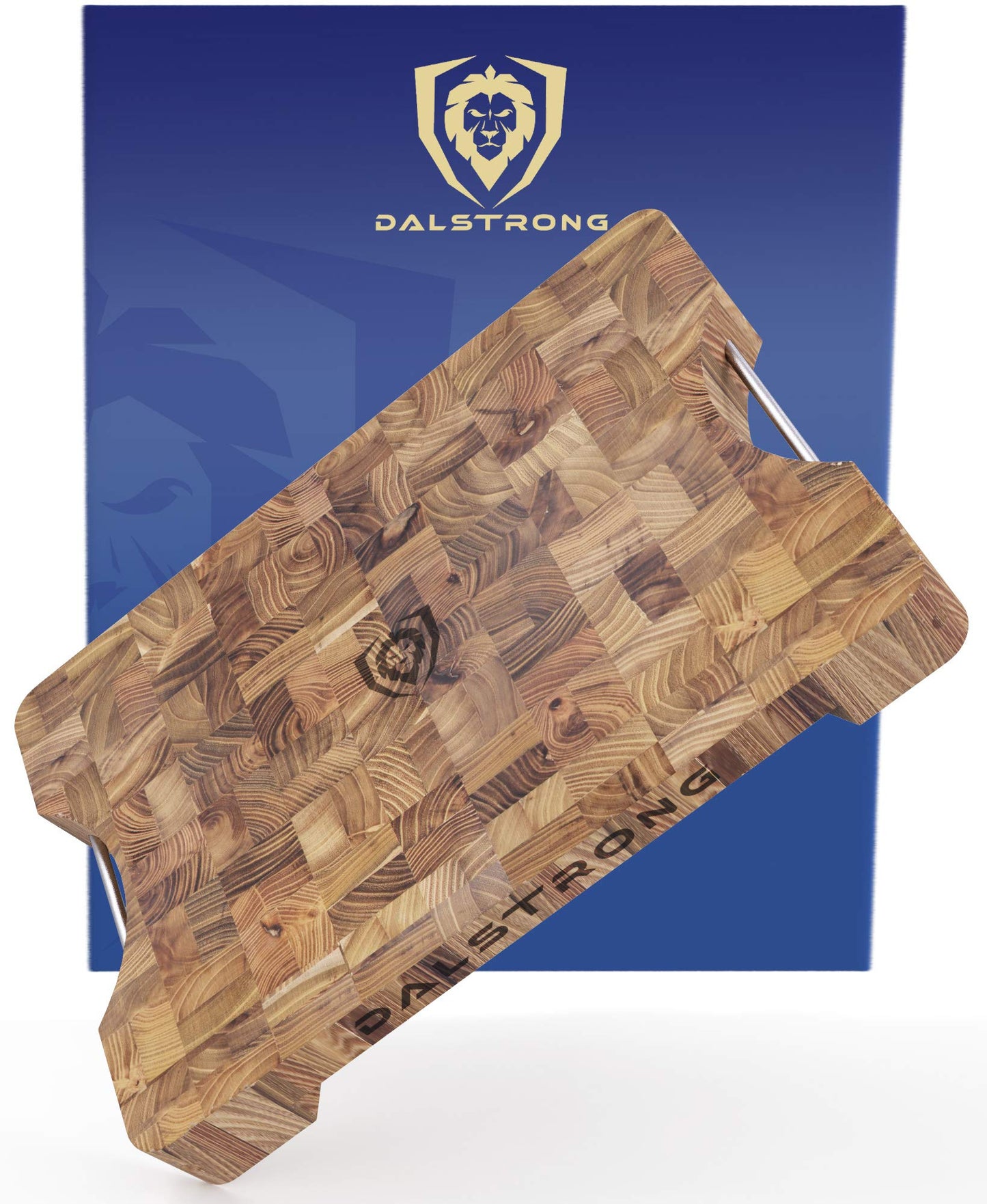 Dalstrong Cutting Board-Lionswood End-Grain Teak-16" x 12"-Steel Carrying Handles-Serving Board - Large Cutting Boards For Kitchen-Chopping Meat Cutting Board-Two Sizes